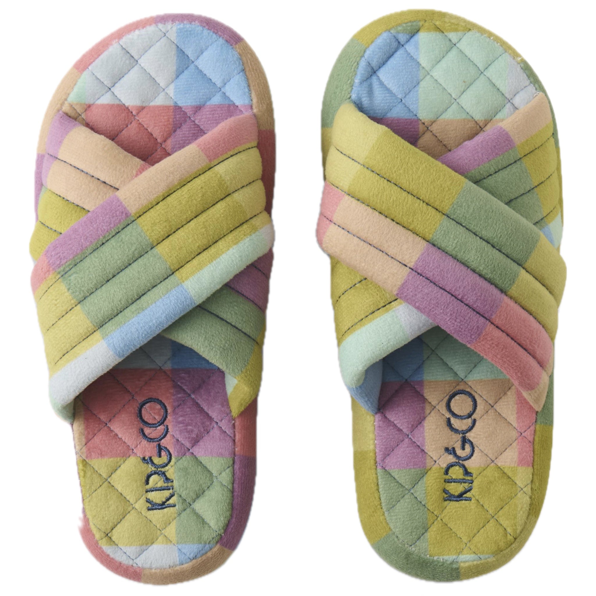 Pair of colorful quilted slippers with 'Kip & Co' branding on a white background