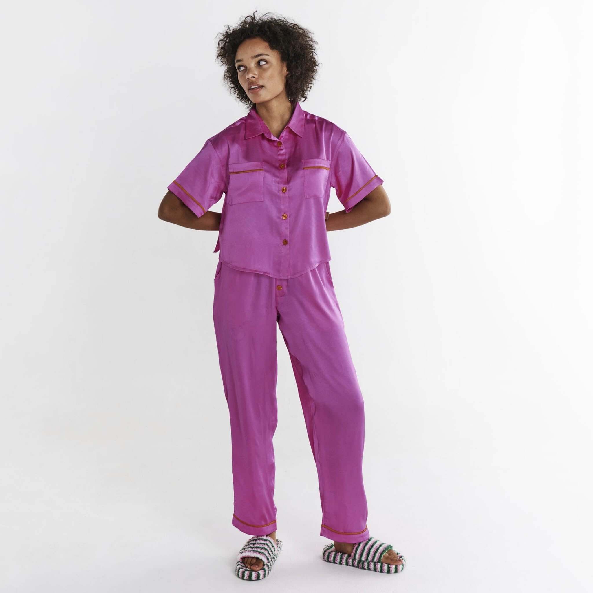 Kip & Co Satin Short Sleeve Shirt & Pants Pyjama Set - Flirty hot pink satin short sleeve button-up shirt and elastic pants