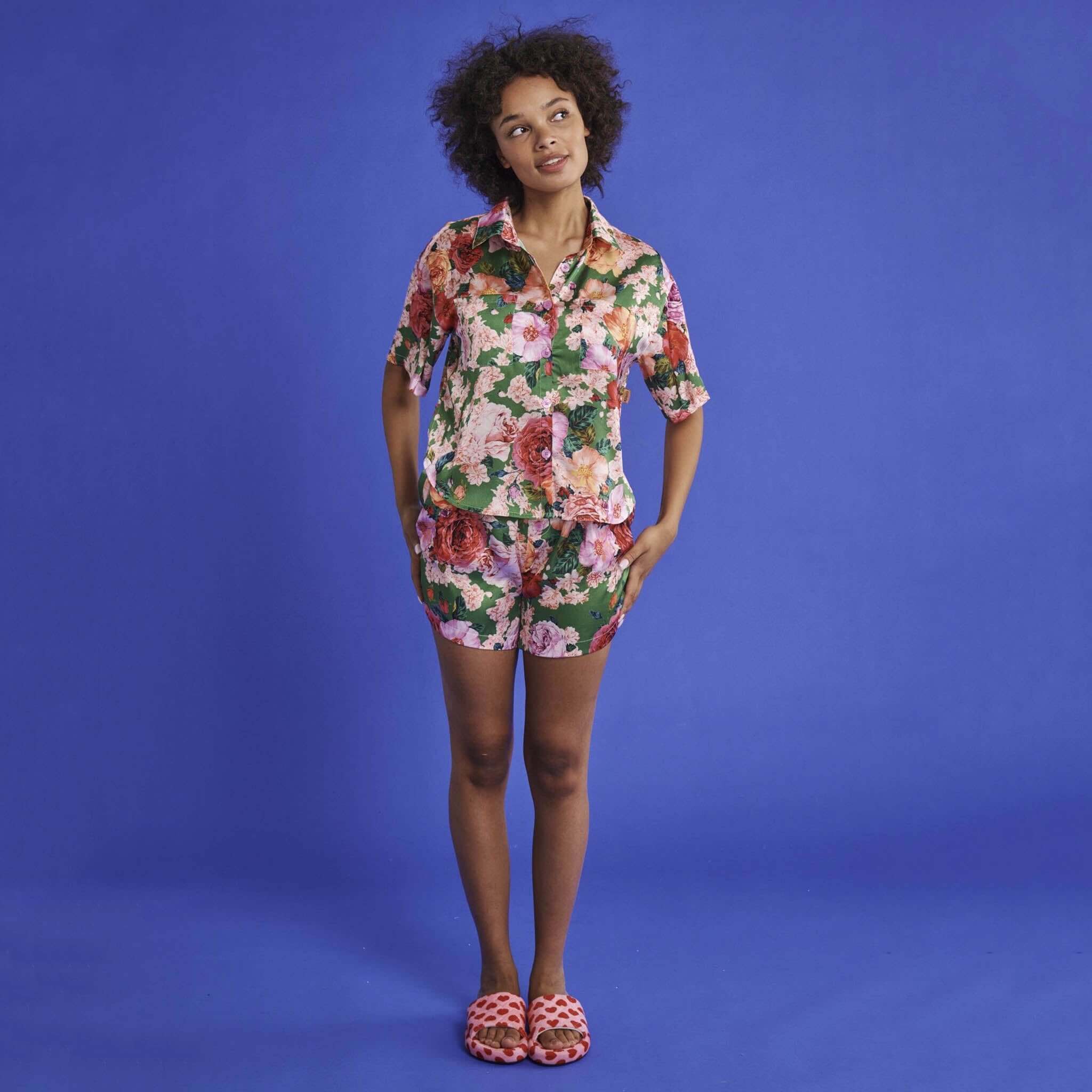 Alt Tag: Kip & Co Satin Short Sleeve Shirt & Shorts Pyjama Set - Rose Garden floral satin short sleeve shirt and shorts set