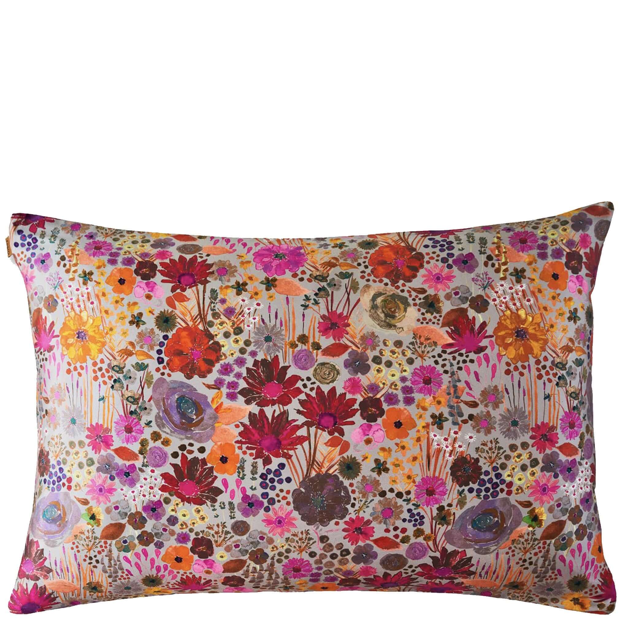 Alt Tag: Kip & Co Silk Pillowslip - Field of Dreams floral mulberry silk pillowcase with vibrant wildflower print