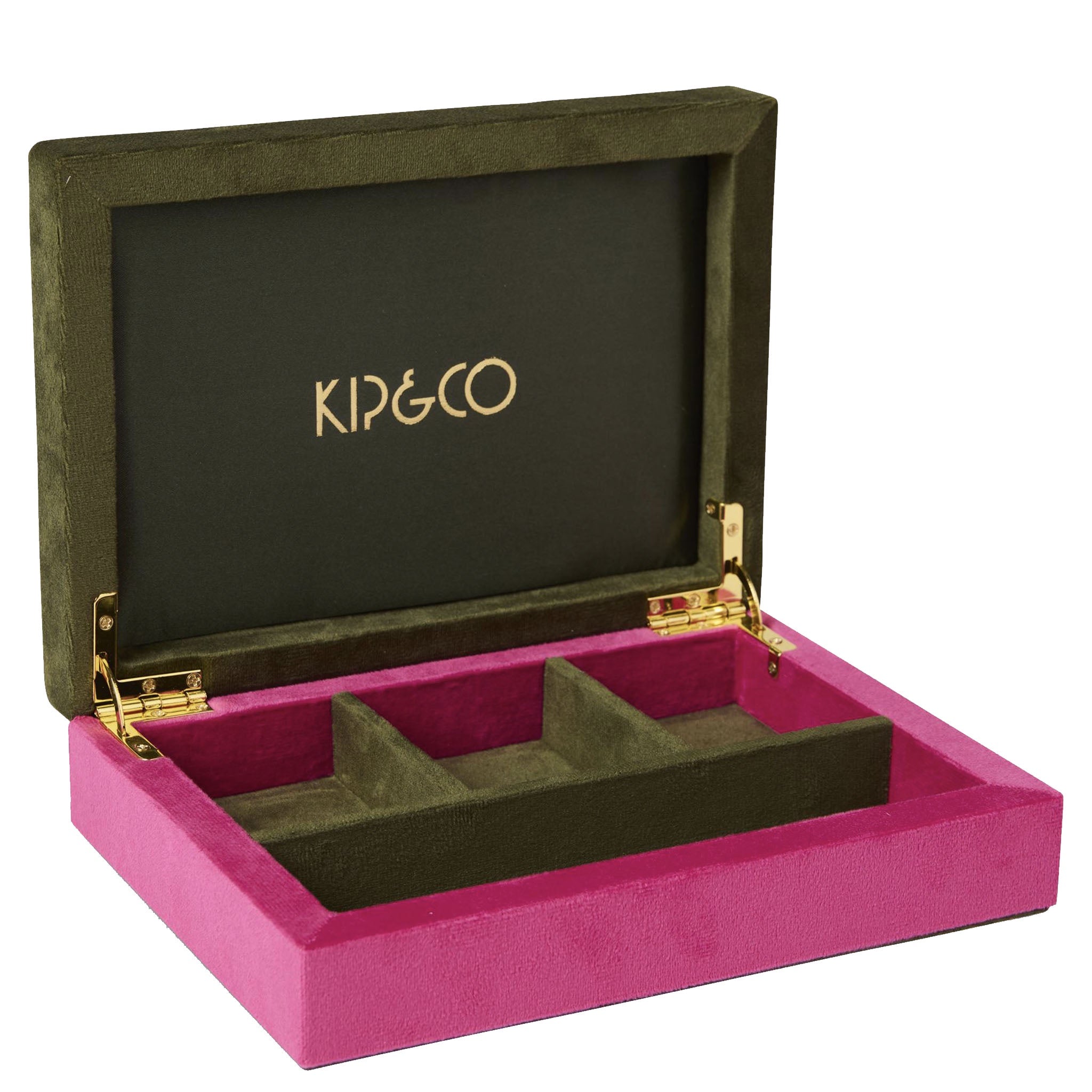 Pink jewelry box with green interior and gold 'Kip & Co' logo on a white background