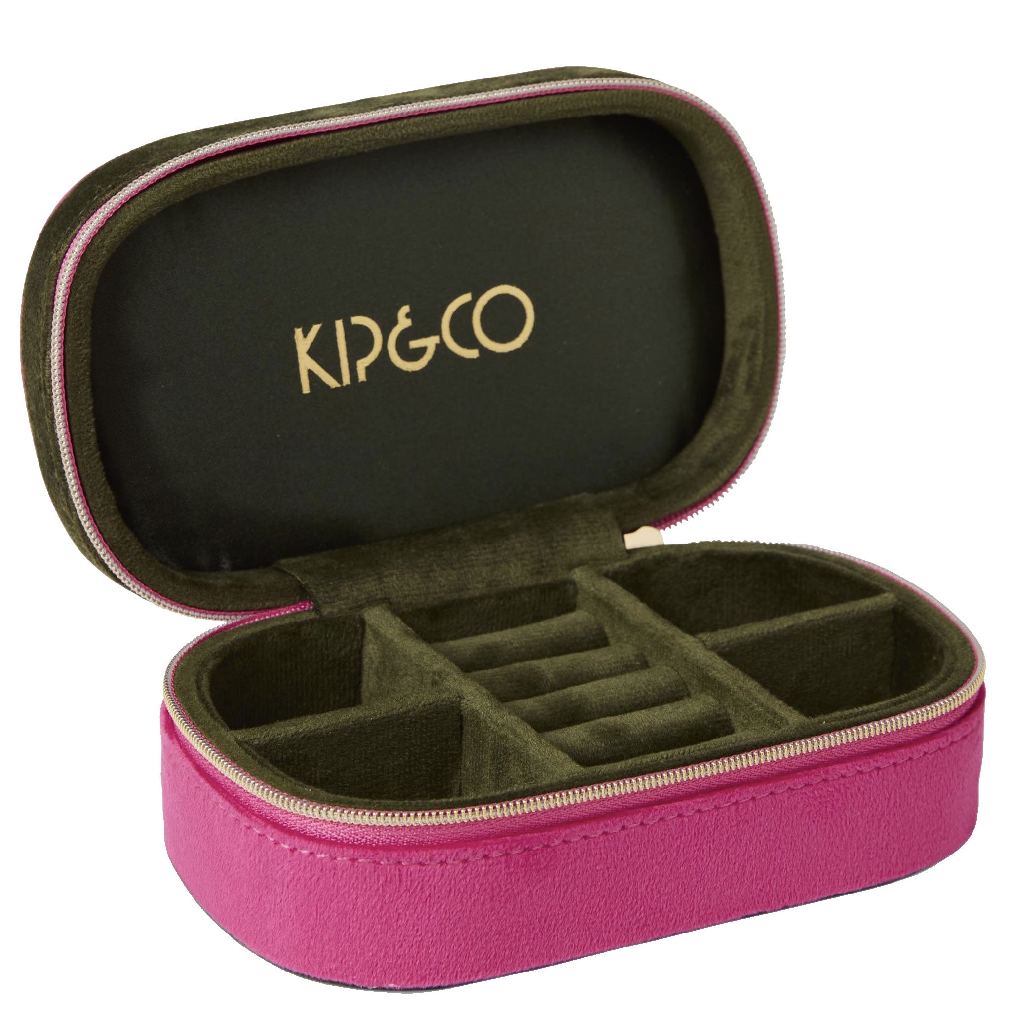 Pink jewelry case with green interior and 'Kip & Co' branding on a white background