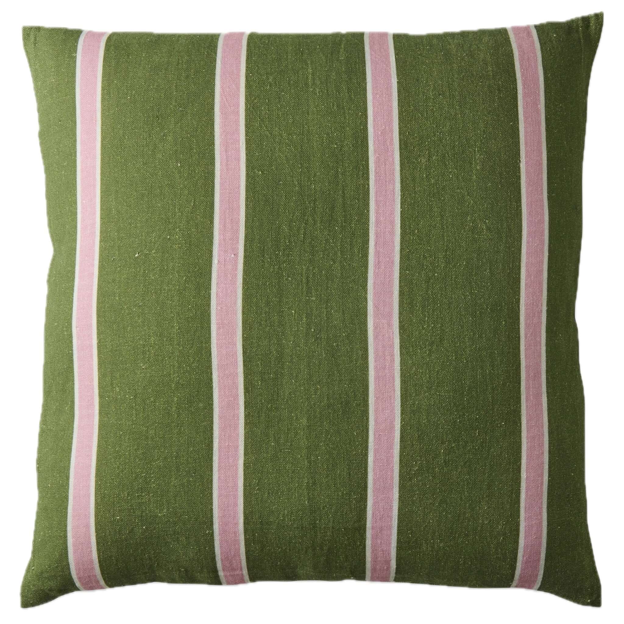 Green cushion with pink stripes on a white background