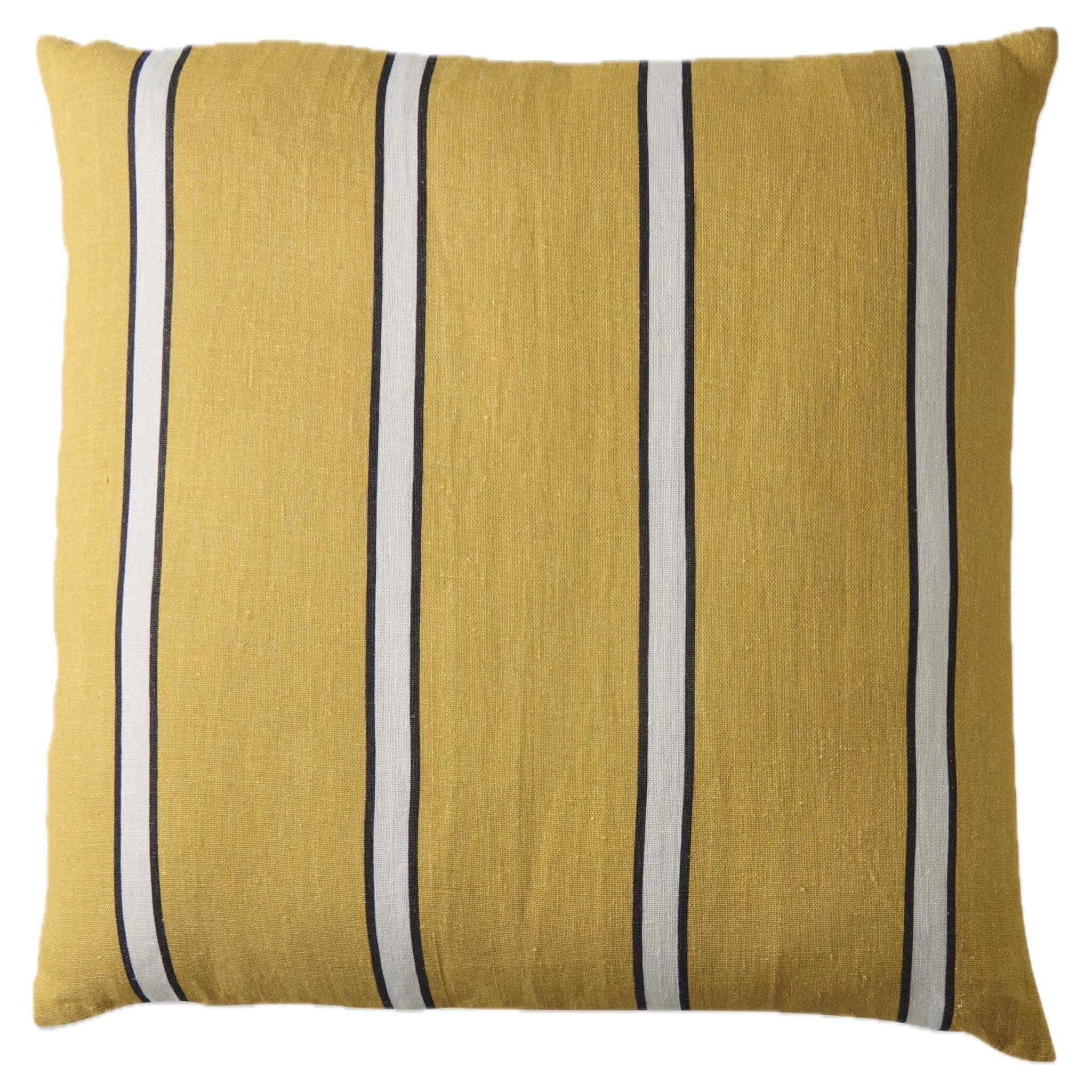 Yellow cushion with black and white stripes on a white background