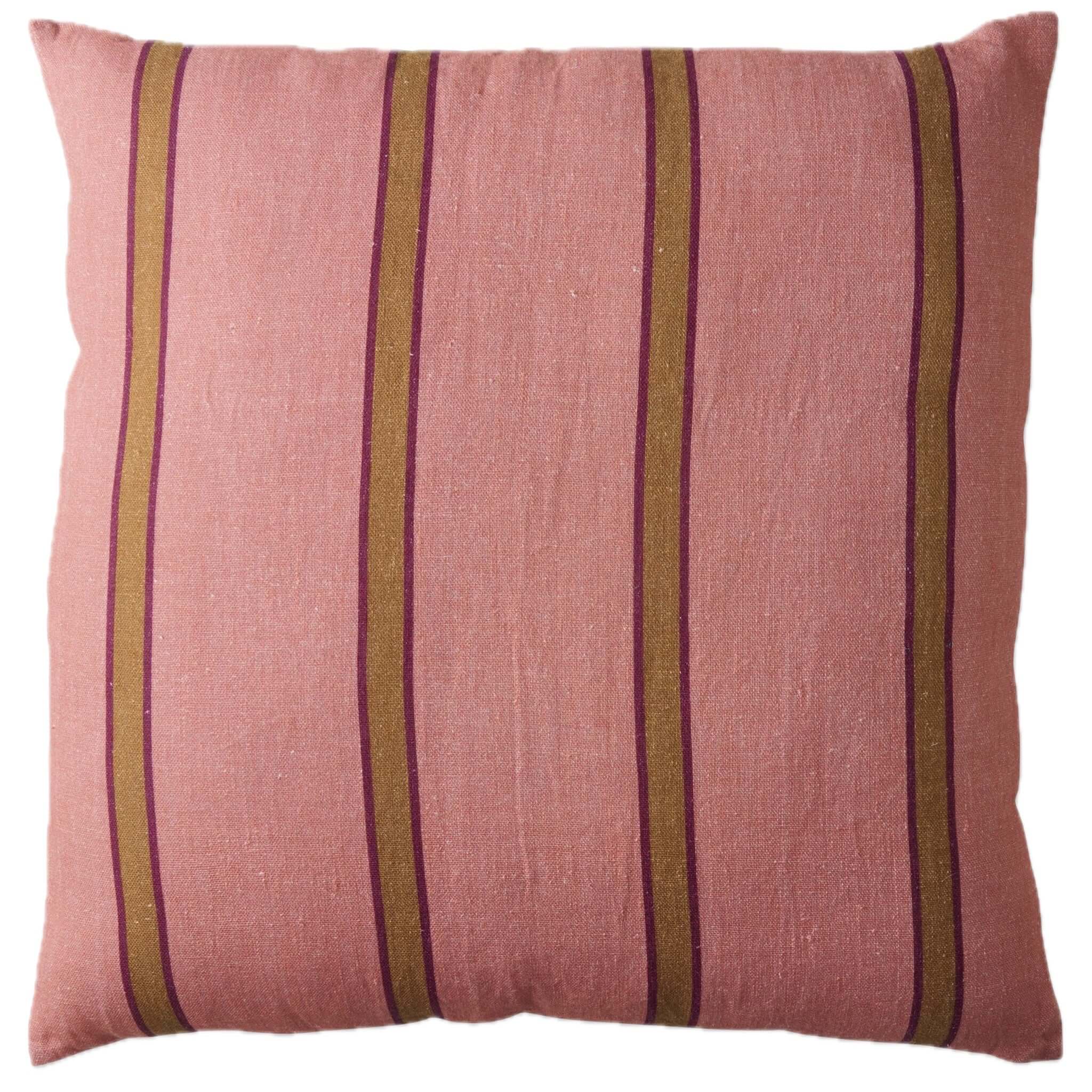 Pink cushion with gold and purple stripes on a white background