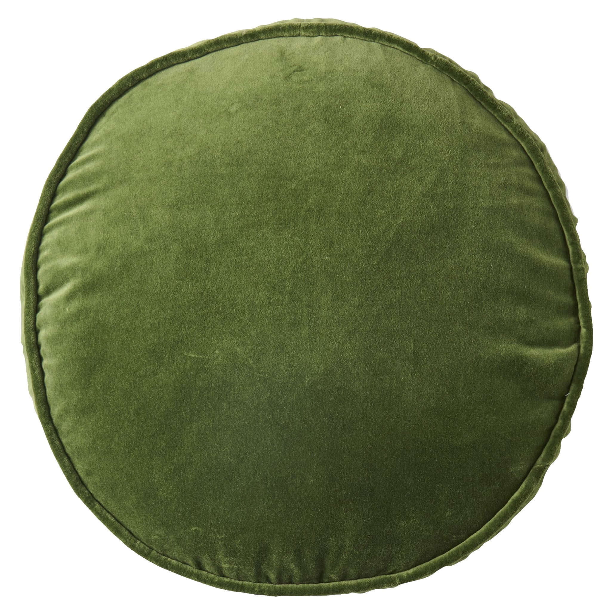 Alt Tag: Kip & Co Velvet Pea Cushion - Campsite round fern green cotton velvet cushion