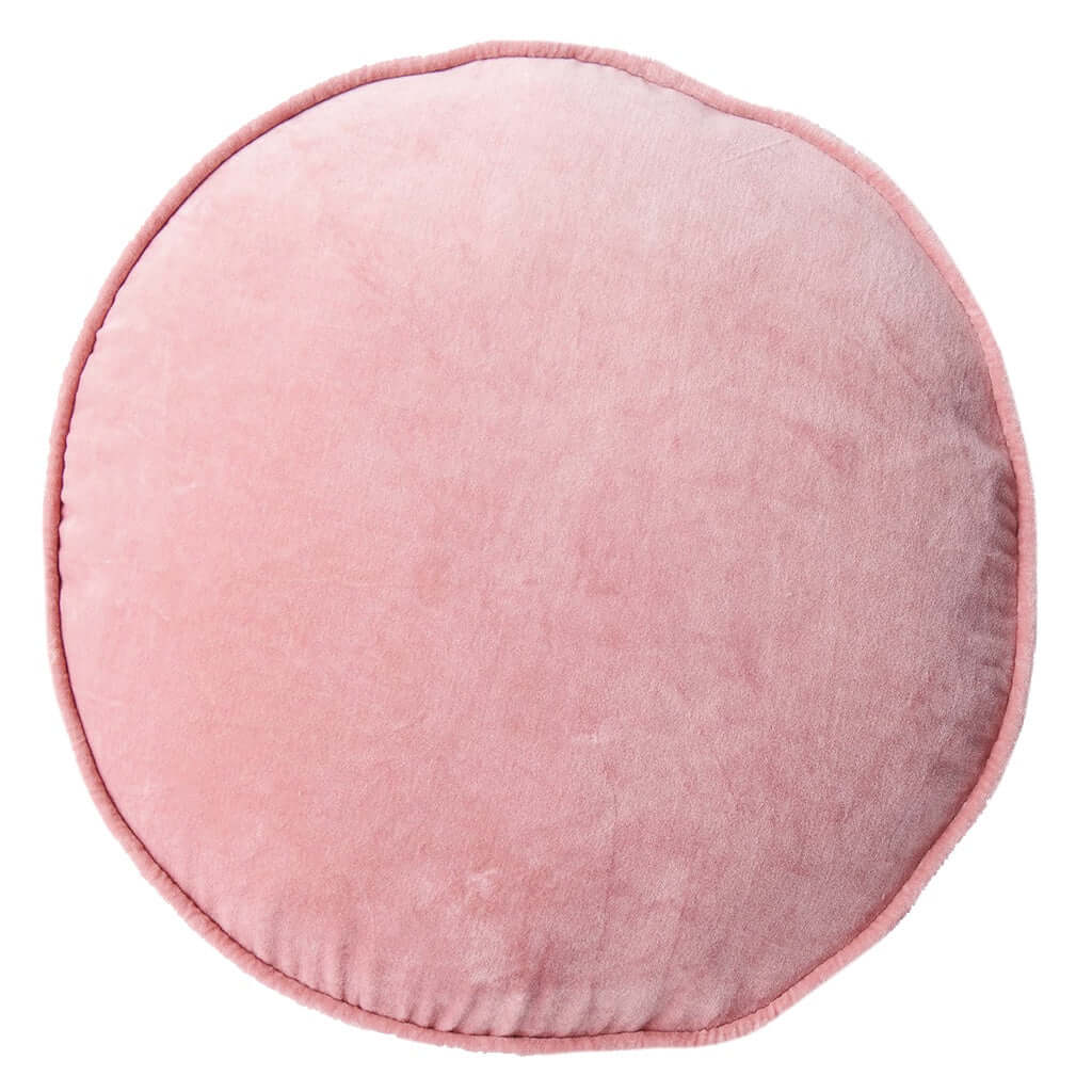 Alt Tag: Kip & Co Velvet Pea Cushion - Dusty Rose round dusty rose pink cotton velvet cushion 42cm with removable cover
