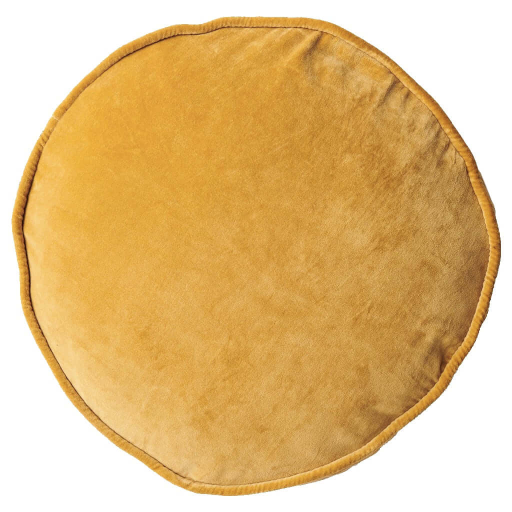 Alt Tag: Kip & Co Velvet Pea Cushion - Pecan 42cm round light brown cotton velvet cushion with removable cover and recycled PET insert