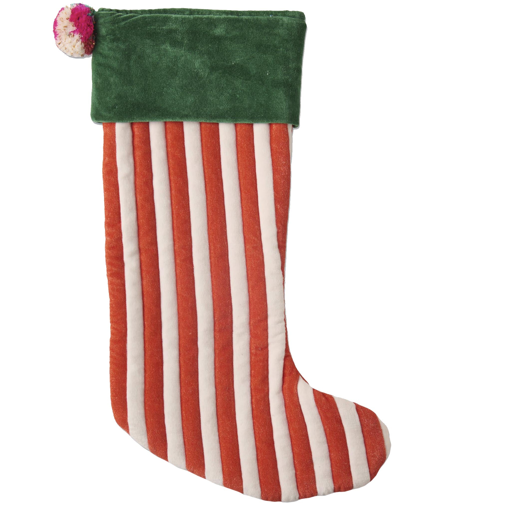 Striped red and white Christmas stocking with green top on a white background