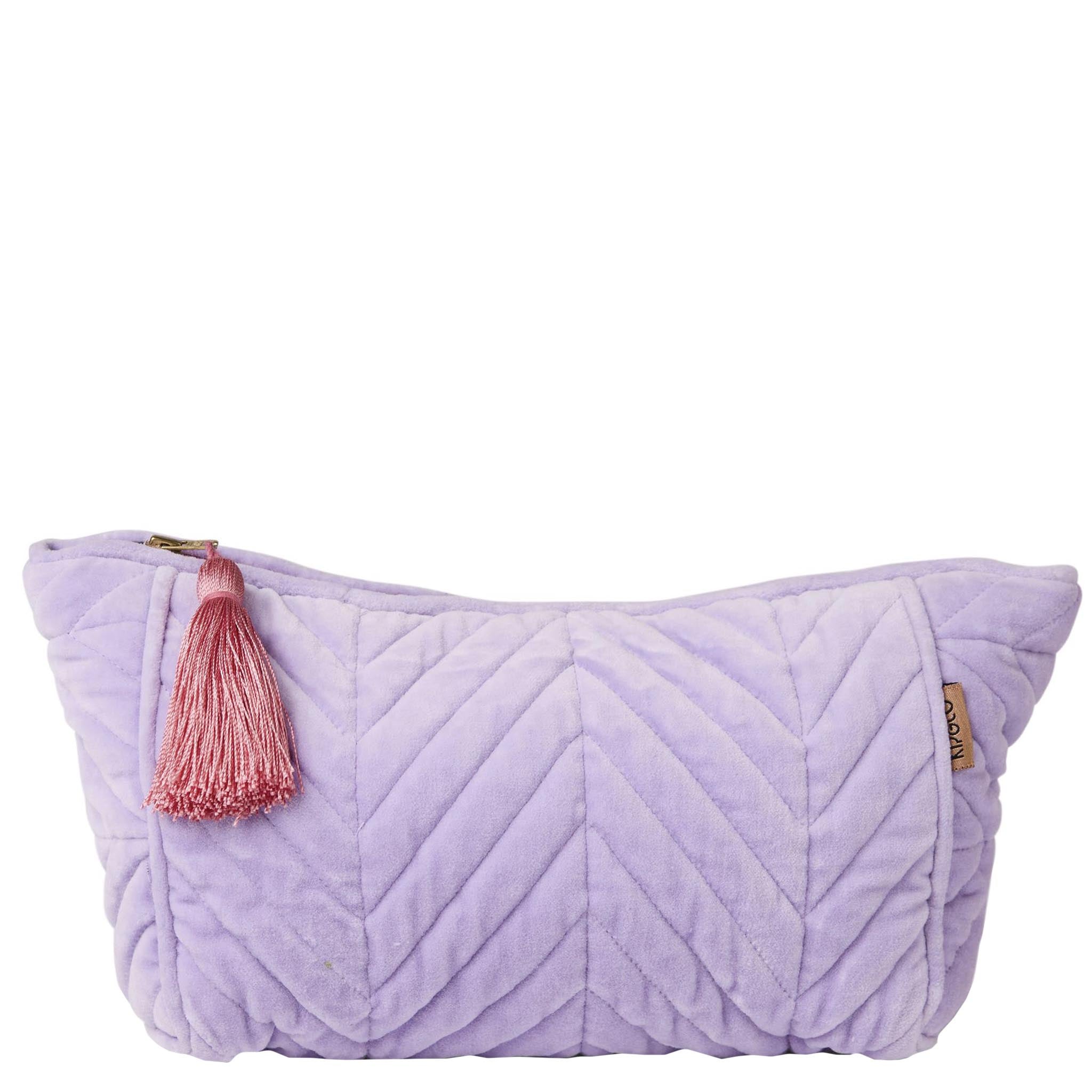 Quilted purple toiletry bag with a pink tassel on a white background