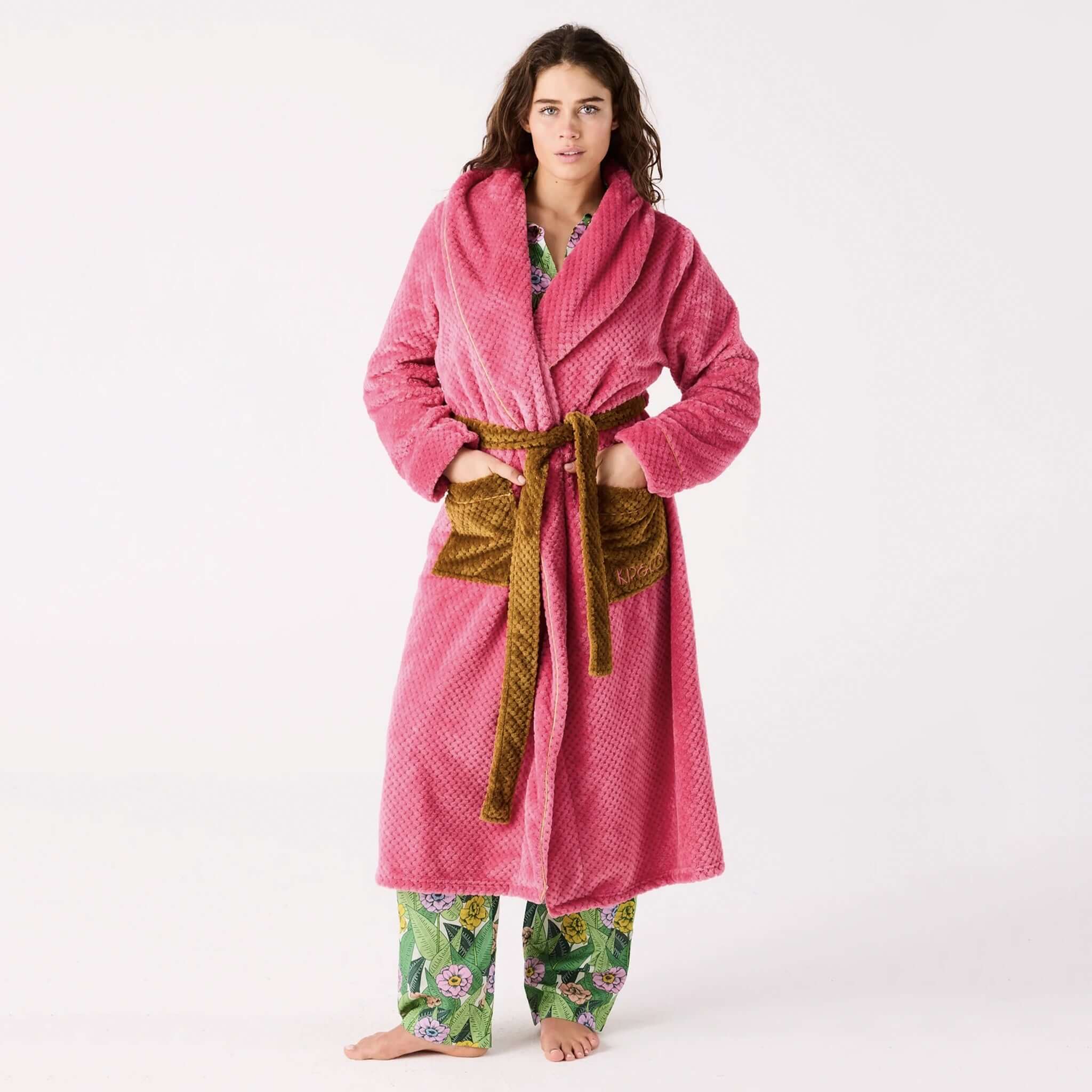 Alt Tag: Kip & Co Cosy Robe - Tapenade Delight quilted cosy robe with contrast pockets and waist tie, plush warm recycled eco polyester