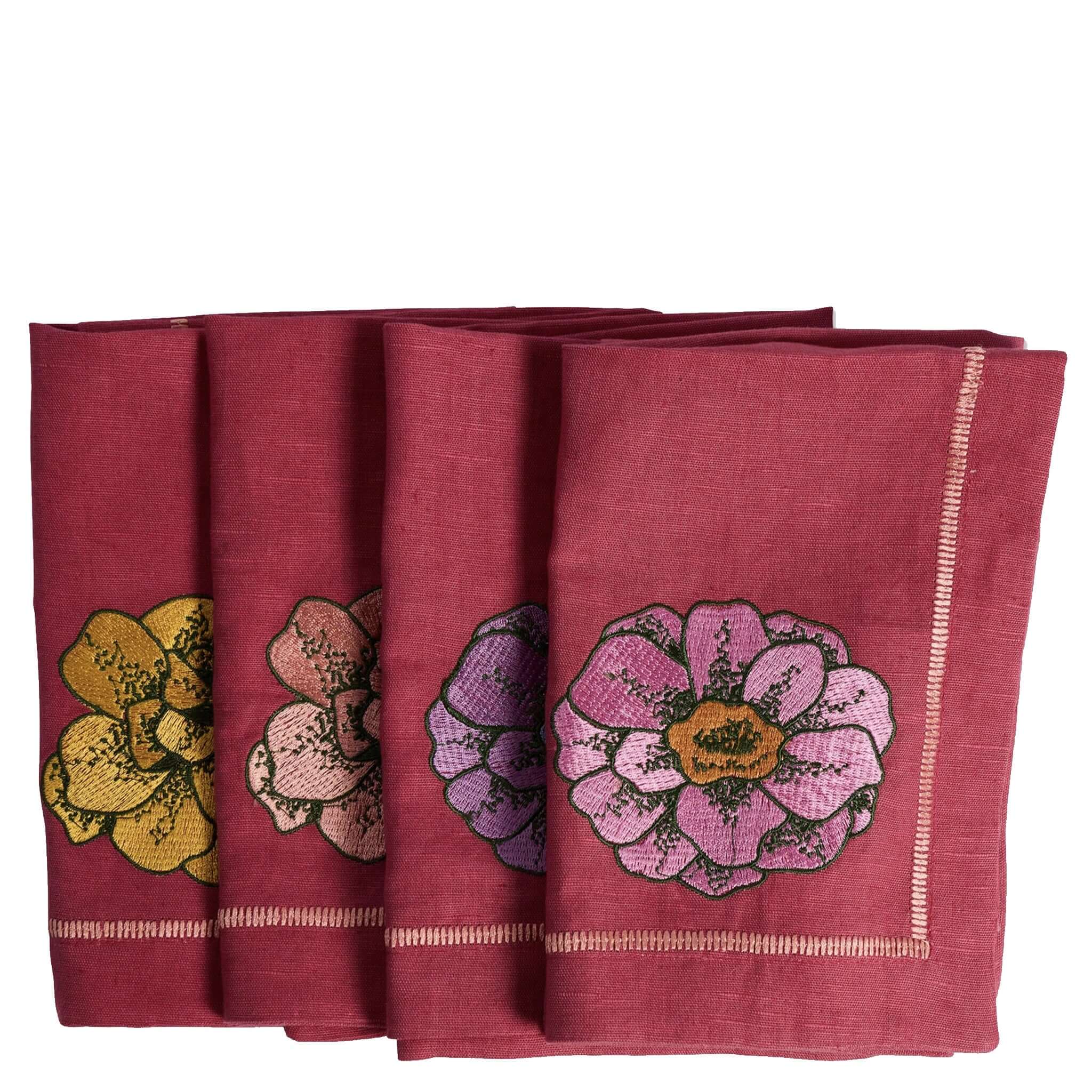 Alt Tag: Kip & Co Embroidered Linen Napkin Set - In Bloom set of 4 French flax linen napkins with embroidered floral design