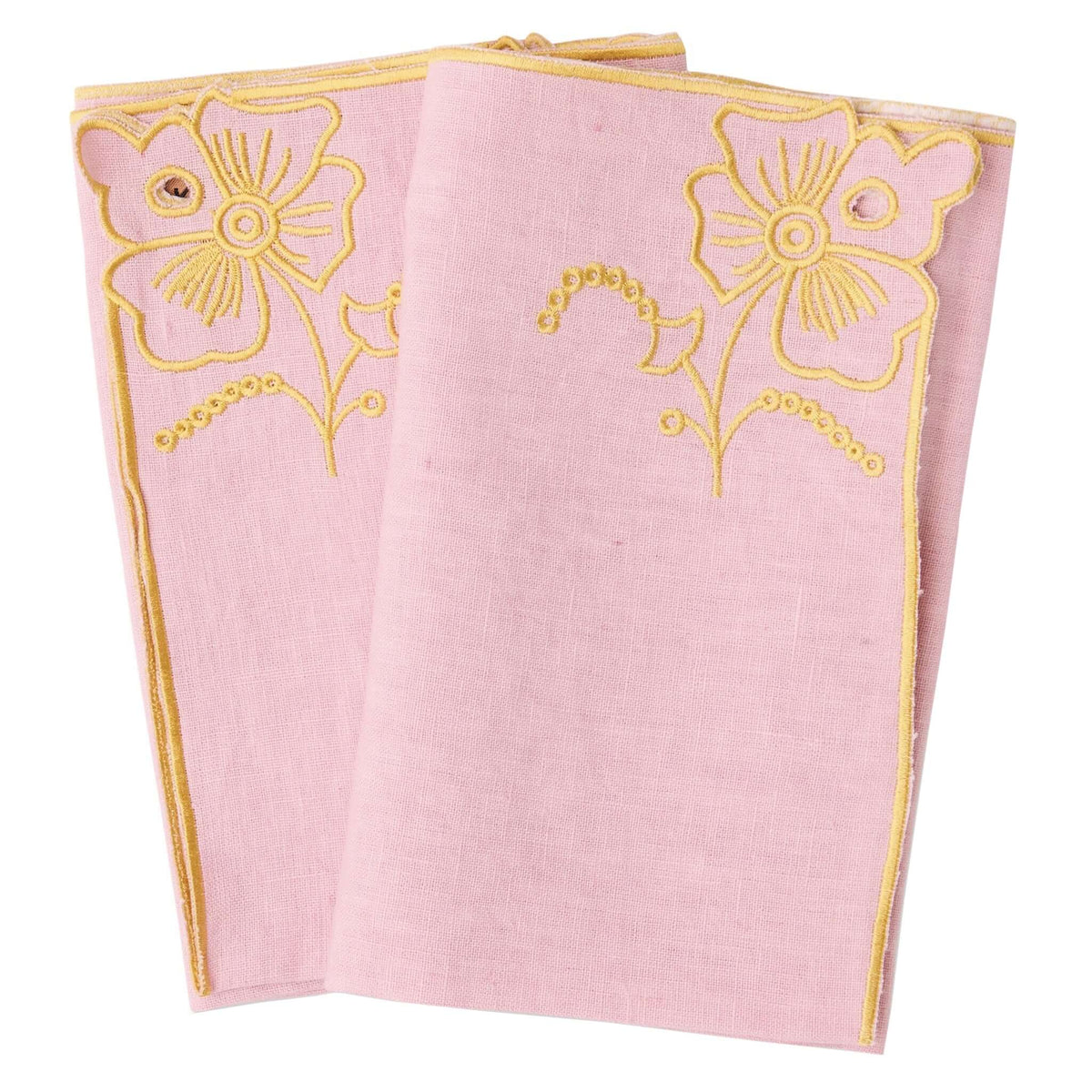 Kip & Co Embroidered Linen Napkin Set - Pink Tuscan, featuring pink linen with yellow embroidery and floral design.
