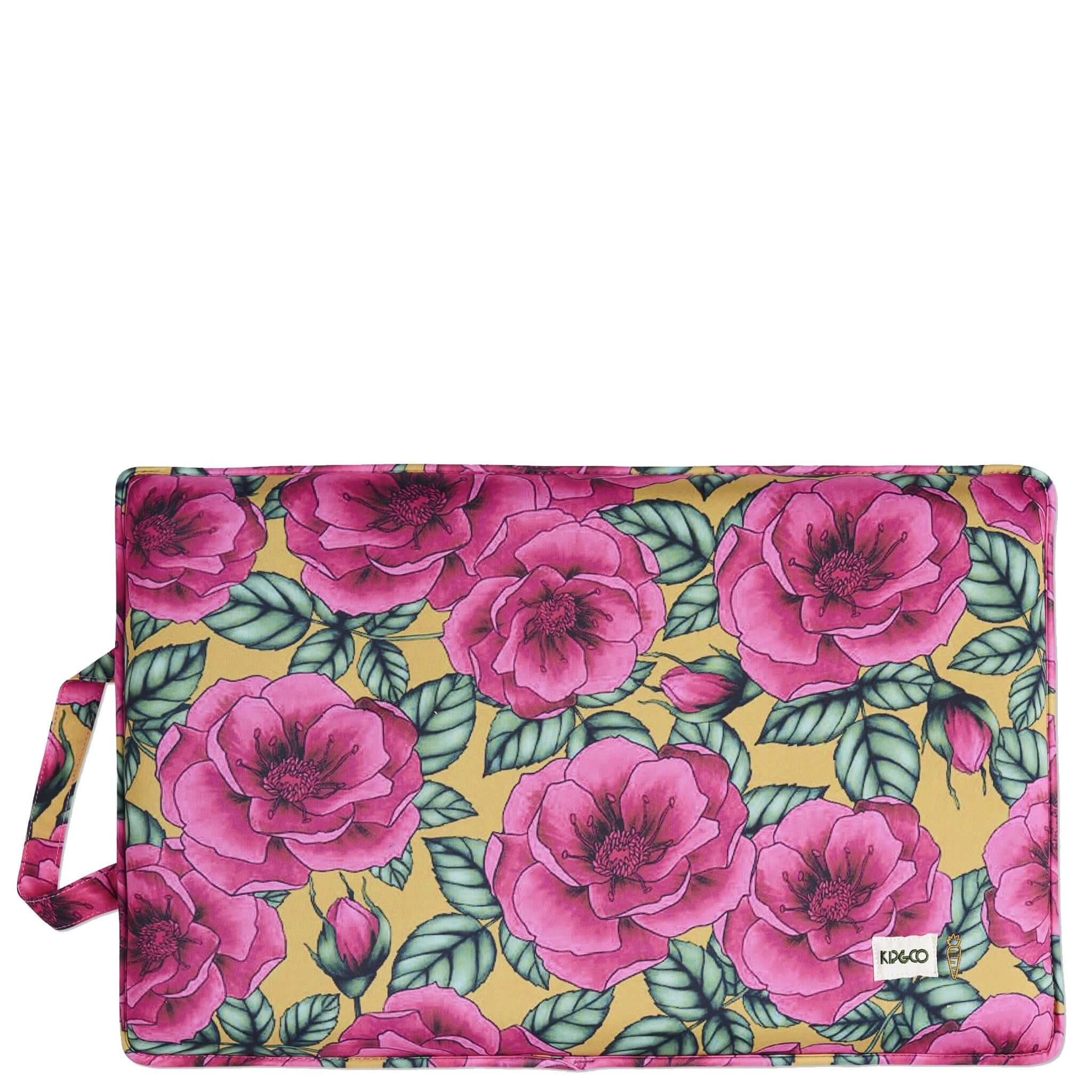 Alt Tag: Kip & Co Garden Kneeling Mat - Golden Peony floral neoprene mat with pink peonies on golden base, cushioned gardening kneeler