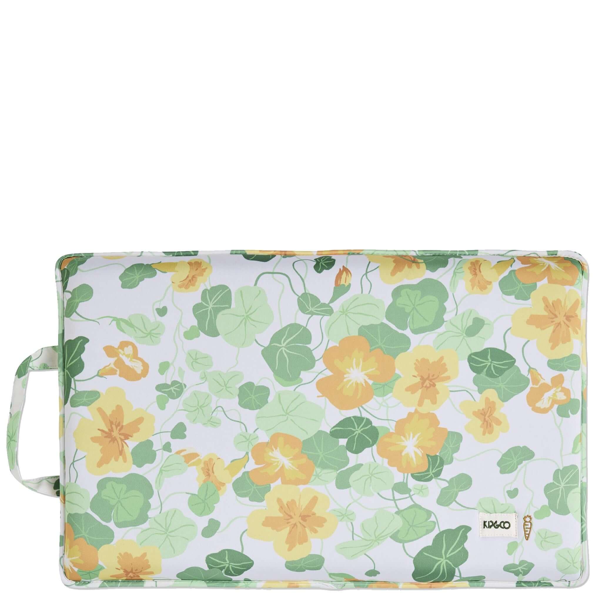 Alt Tag: Kip & Co Garden Kneeling Mat - Nasturtium with leafy green print and yellow-orange nasturtium flowers, cushioned neoprene mat