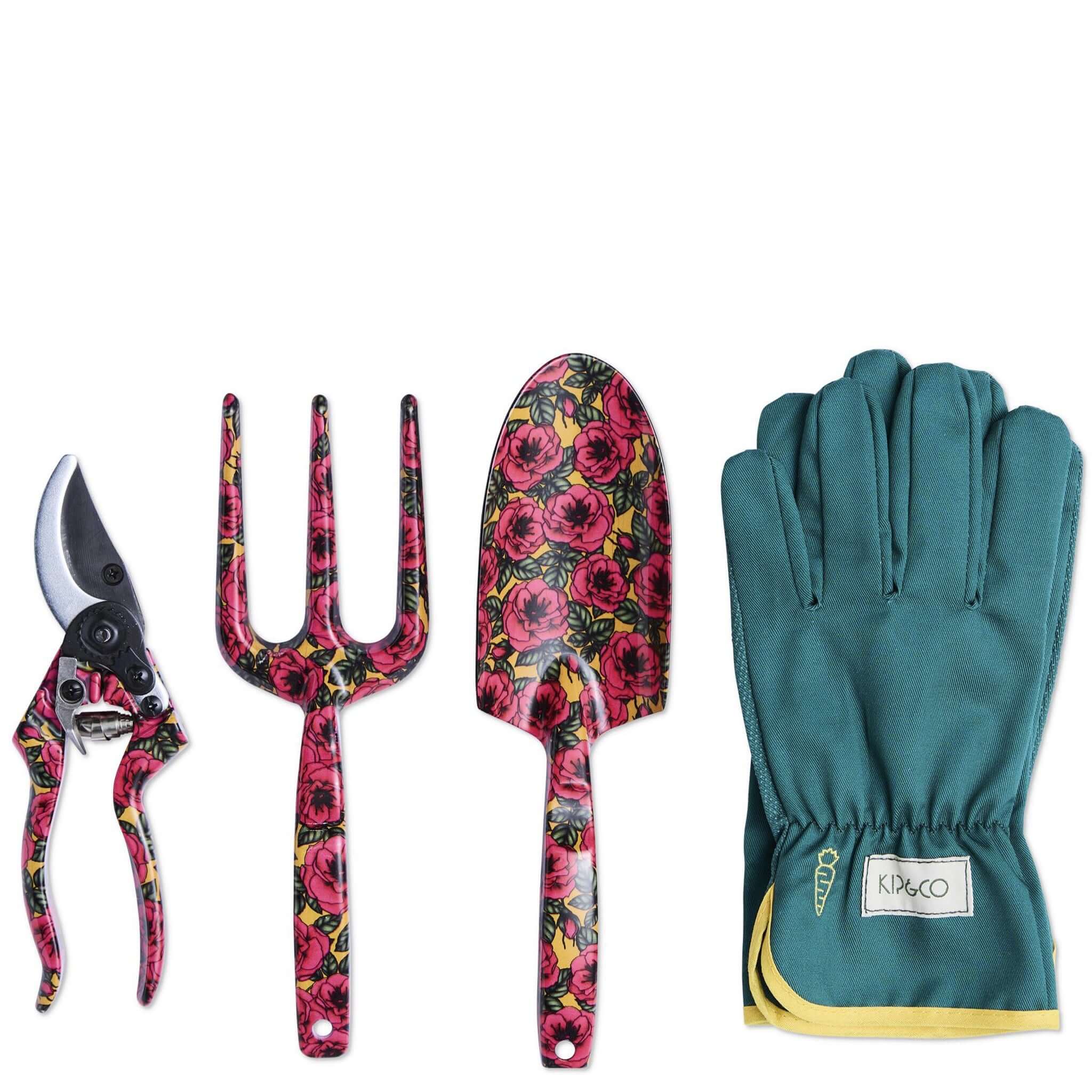 Alt Tag: Kip & Co Garden Tools & Gloves Set - Golden Peony with floral hand trowel, fork, secateurs and teal gardening gloves