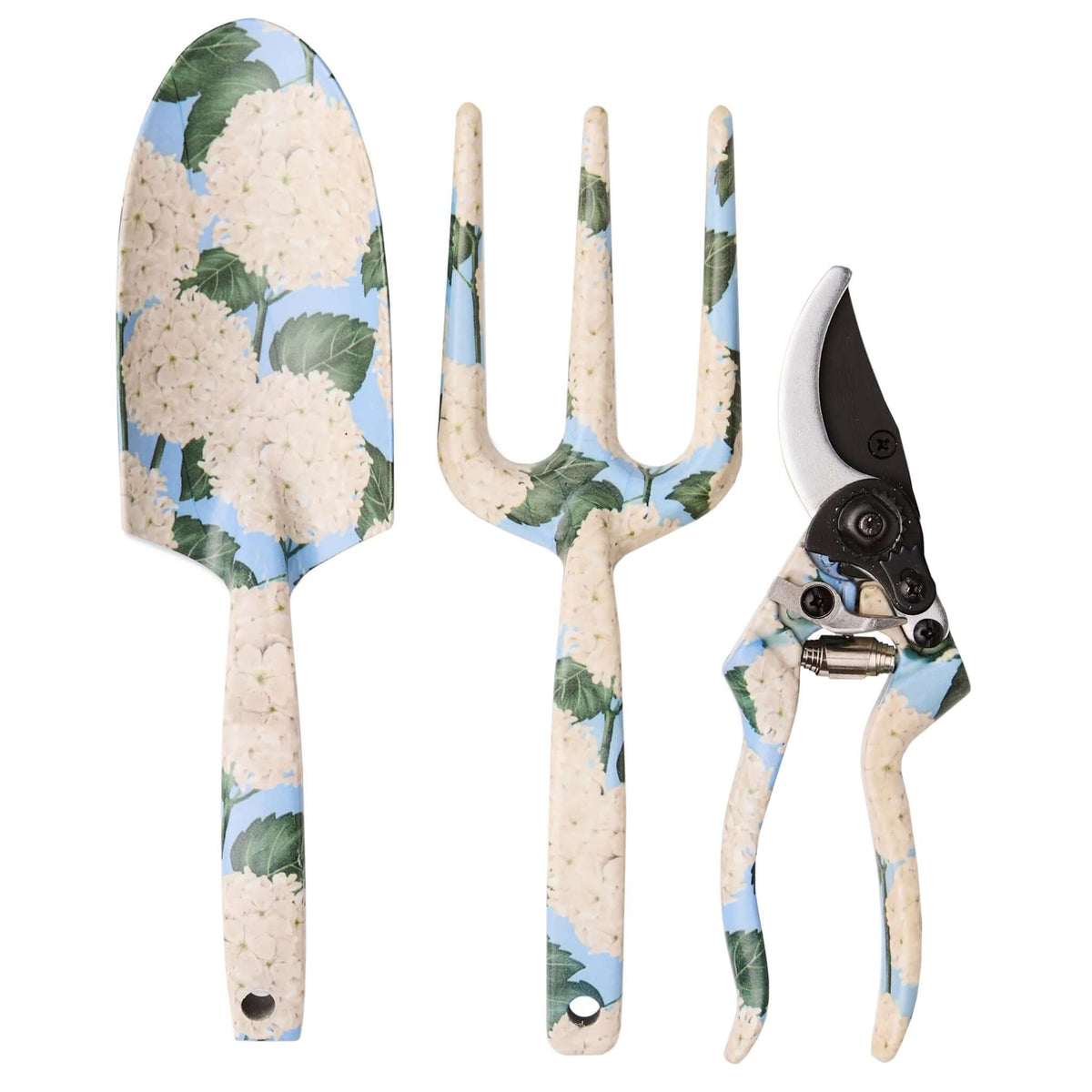 Kip & Co Garden Tools & Gloves Set - Hydrangea Blue featuring three floral gardening tools on a light blue background.