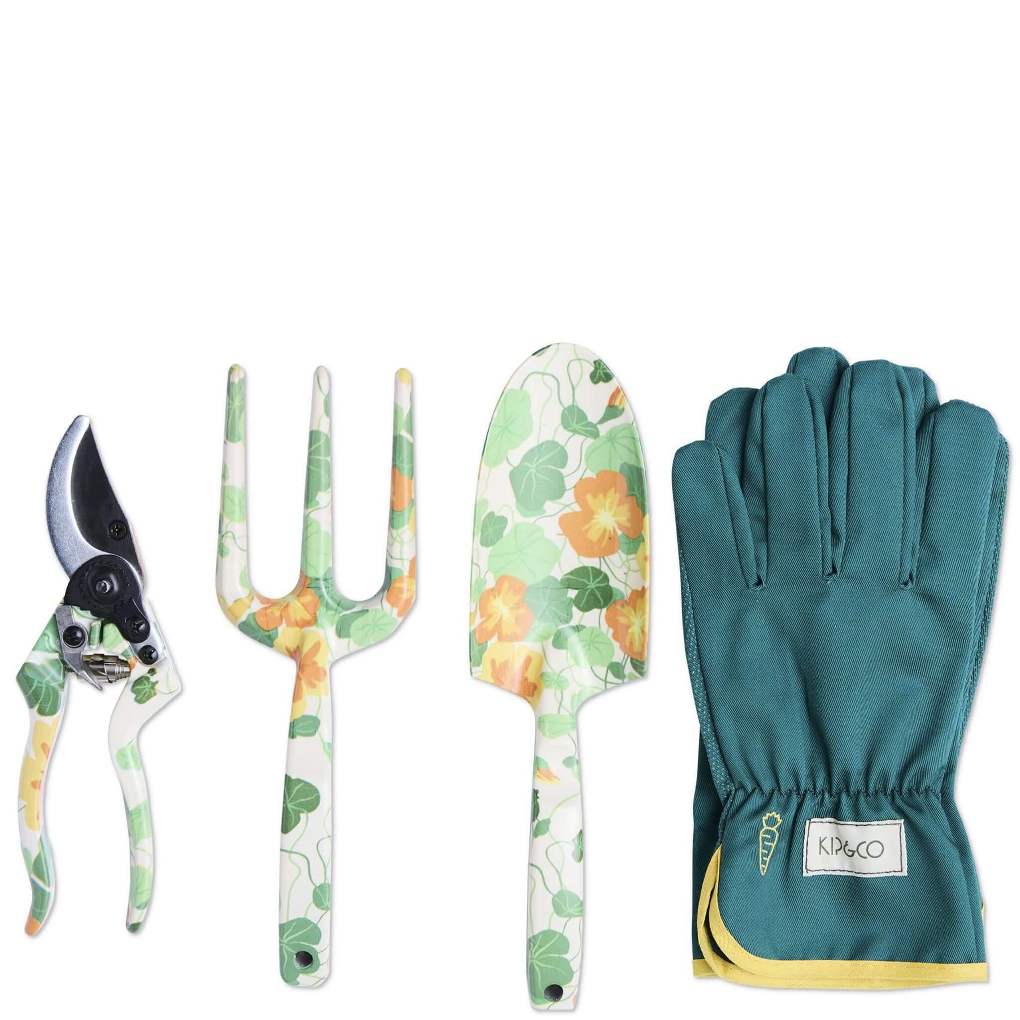 Alt Tag: Kip & Co Garden Tools & Gloves Set - Nasturtium with floral pruners, hand fork, trowel and teal cotton gardening gloves