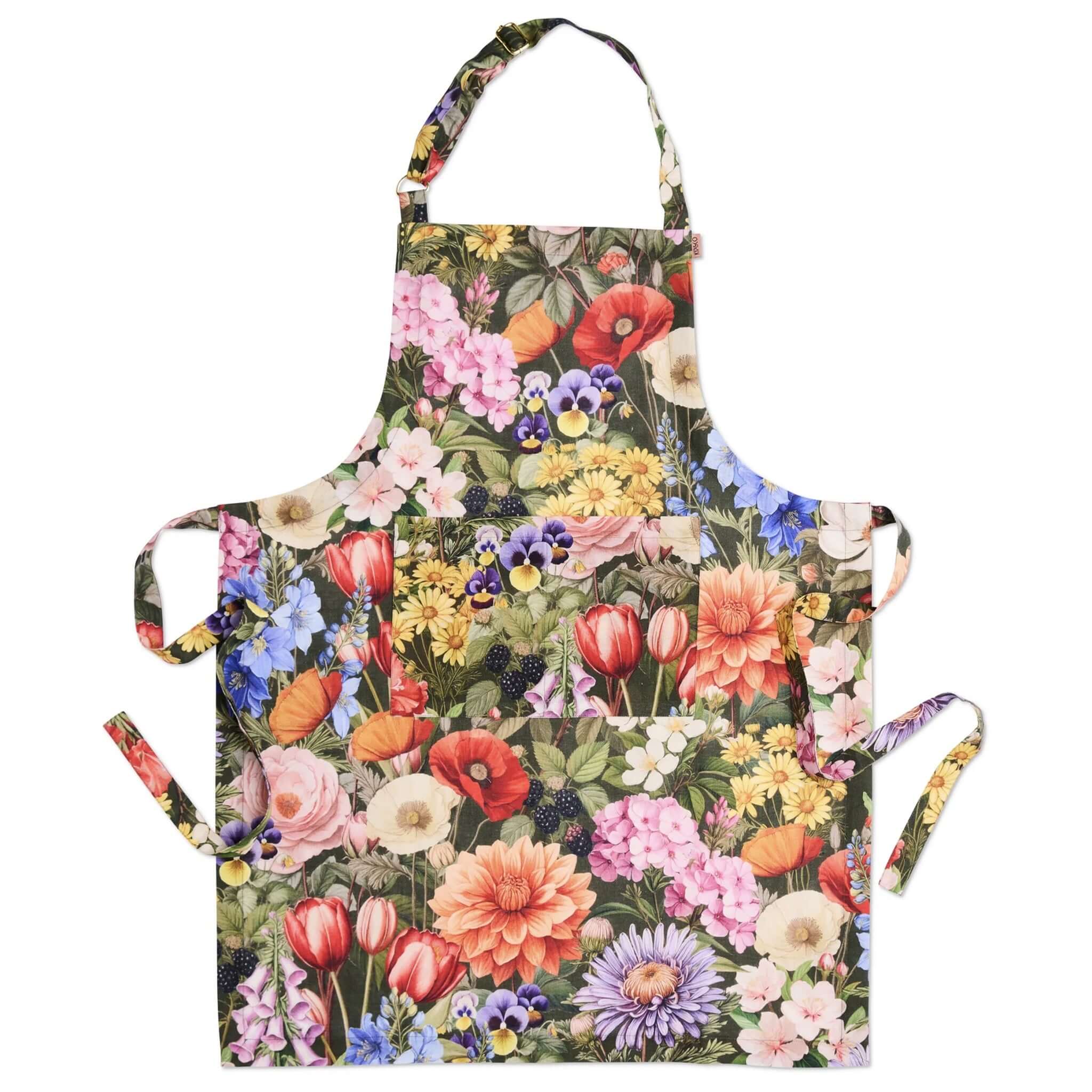 Alt Tag: Kip & Co Linen Apron - Cottage Garden Eden French flax linen blend apron with vibrant cottage garden floral print