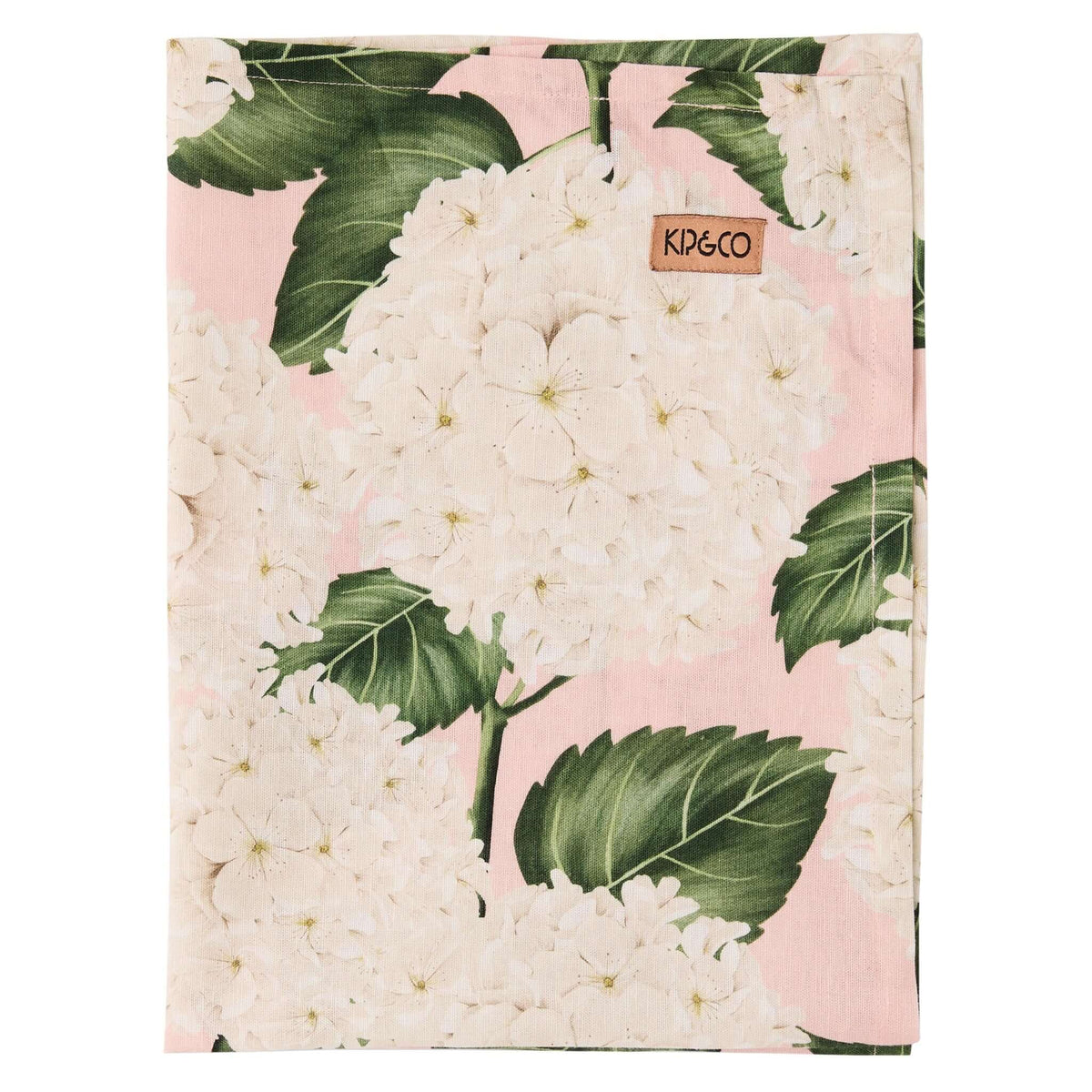 Kip & Co Linen & Cotton Tea Towel - Hydrangea Pink featuring floral design and brand label on a pink background.