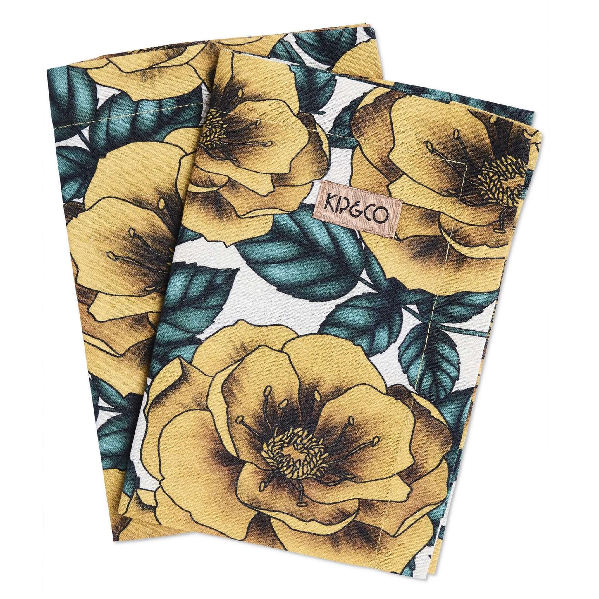 Alt Tag: Kip & Co Linen & Cotton Napkin Set - Golden Peony floral print napkins in golden peony design, linen cotton blend set of 4