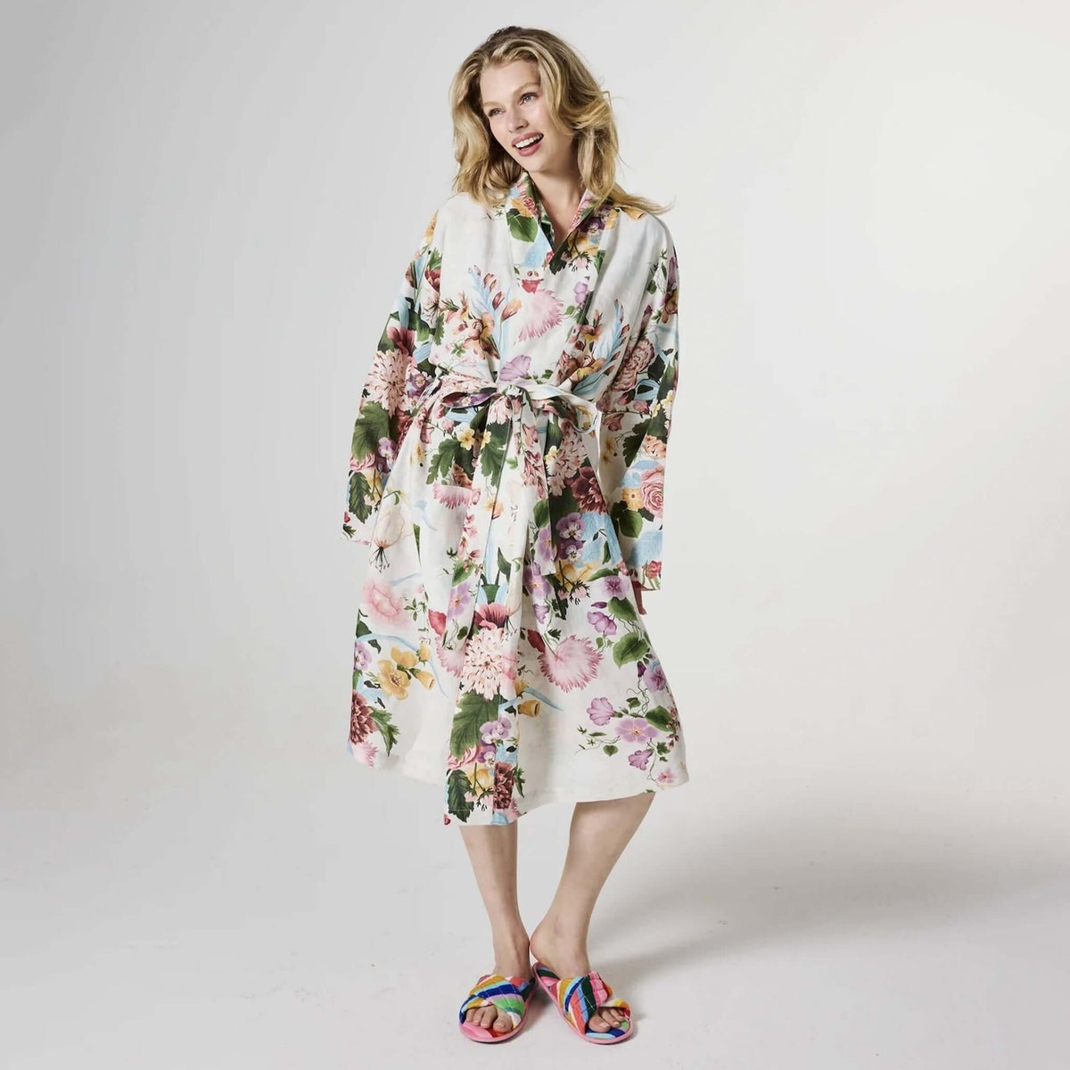Kip & Co Linen Robe - Belle Floral worn by model, showcasing floral design and relaxed fit, perfect for casual comfort.