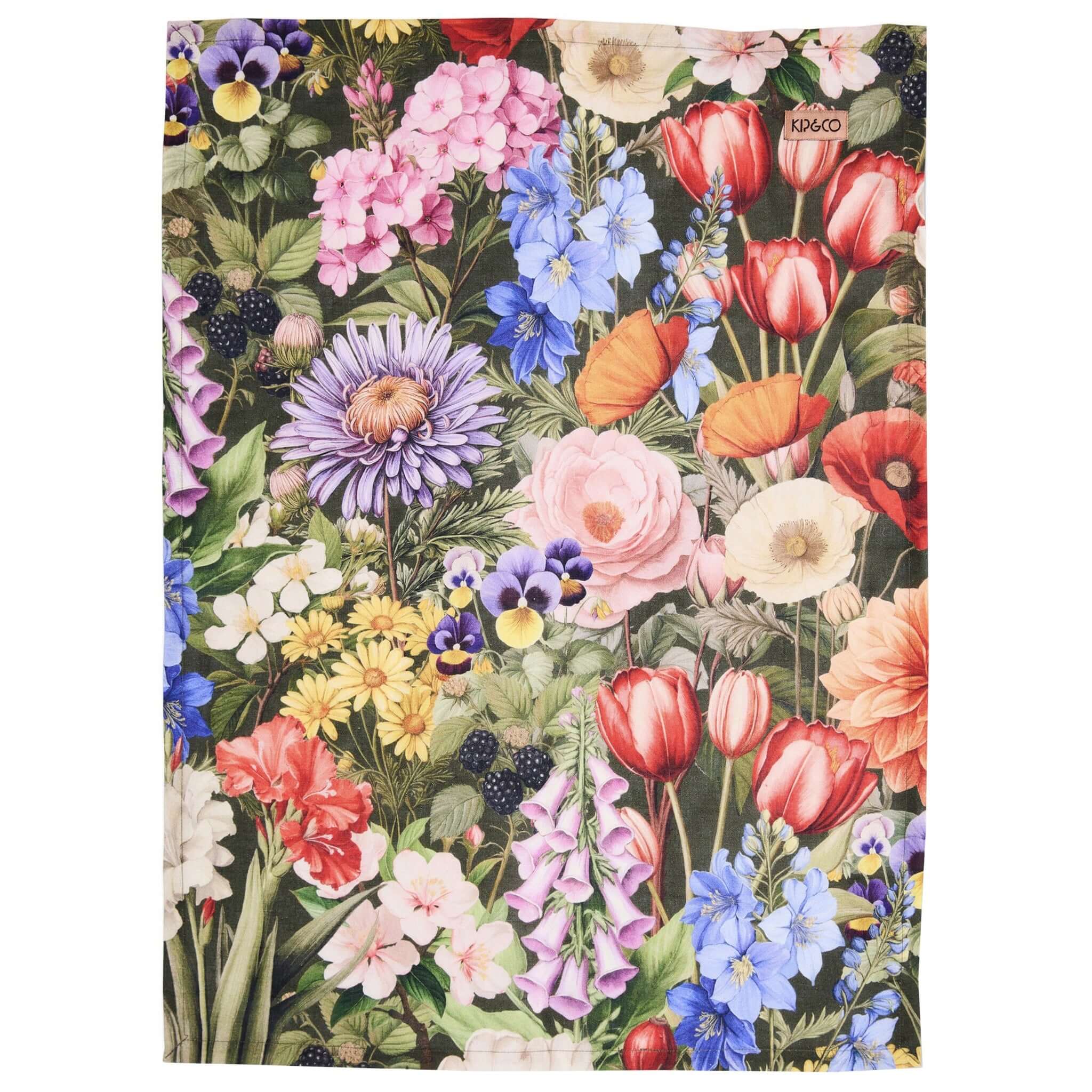 Alt Tag: Kip & Co Linen Tea Towel - Cottage Garden Eden French flax linen tea towel with vibrant cottage garden floral print