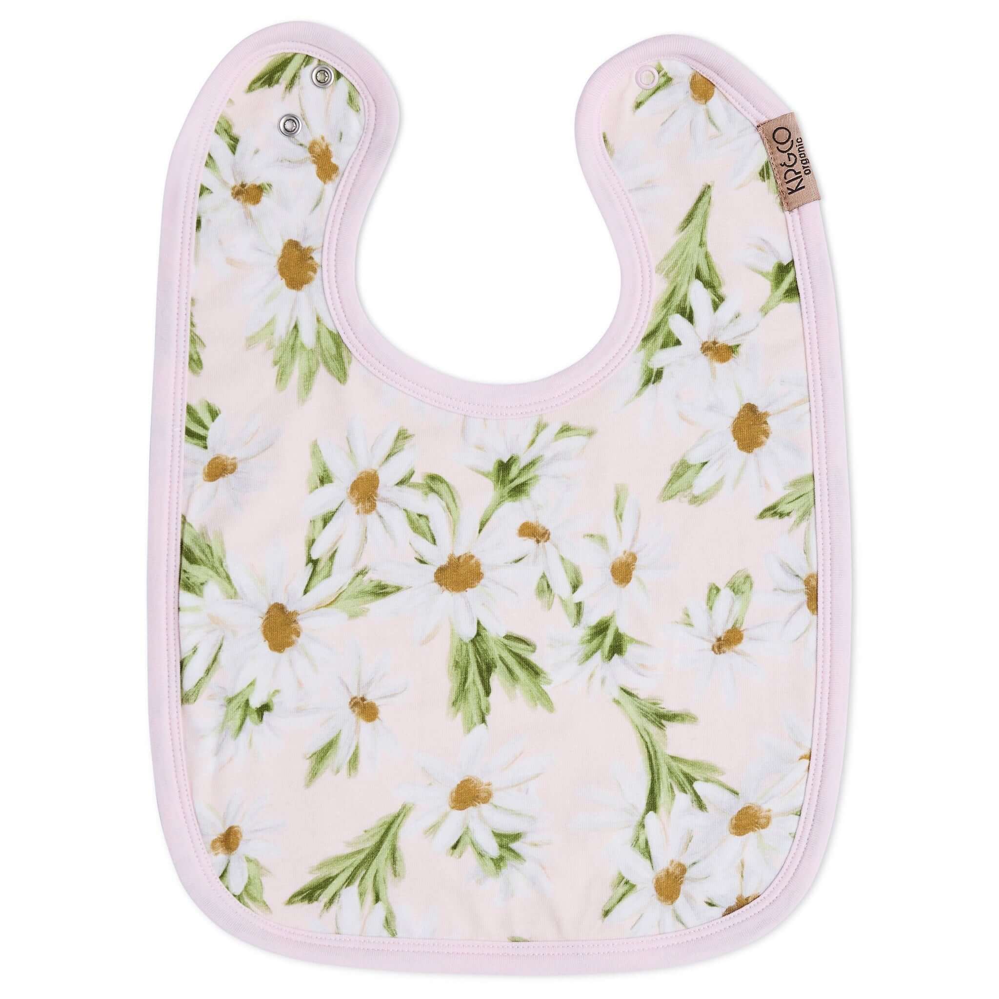 Alt Tag: Kip & Co Organic Cotton Bib - Sweet Daisy organic cotton baby bib with daisy print, soft jersey front, gentle on skin