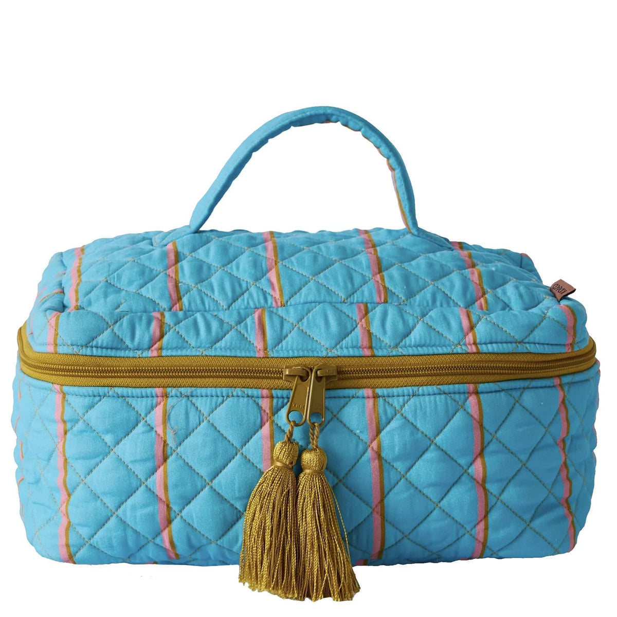 Kip & Co Quilted Toiletry Case - Aegean Stripe with gold zipper and tassels, showcasing vibrant Aegean stripe pattern.