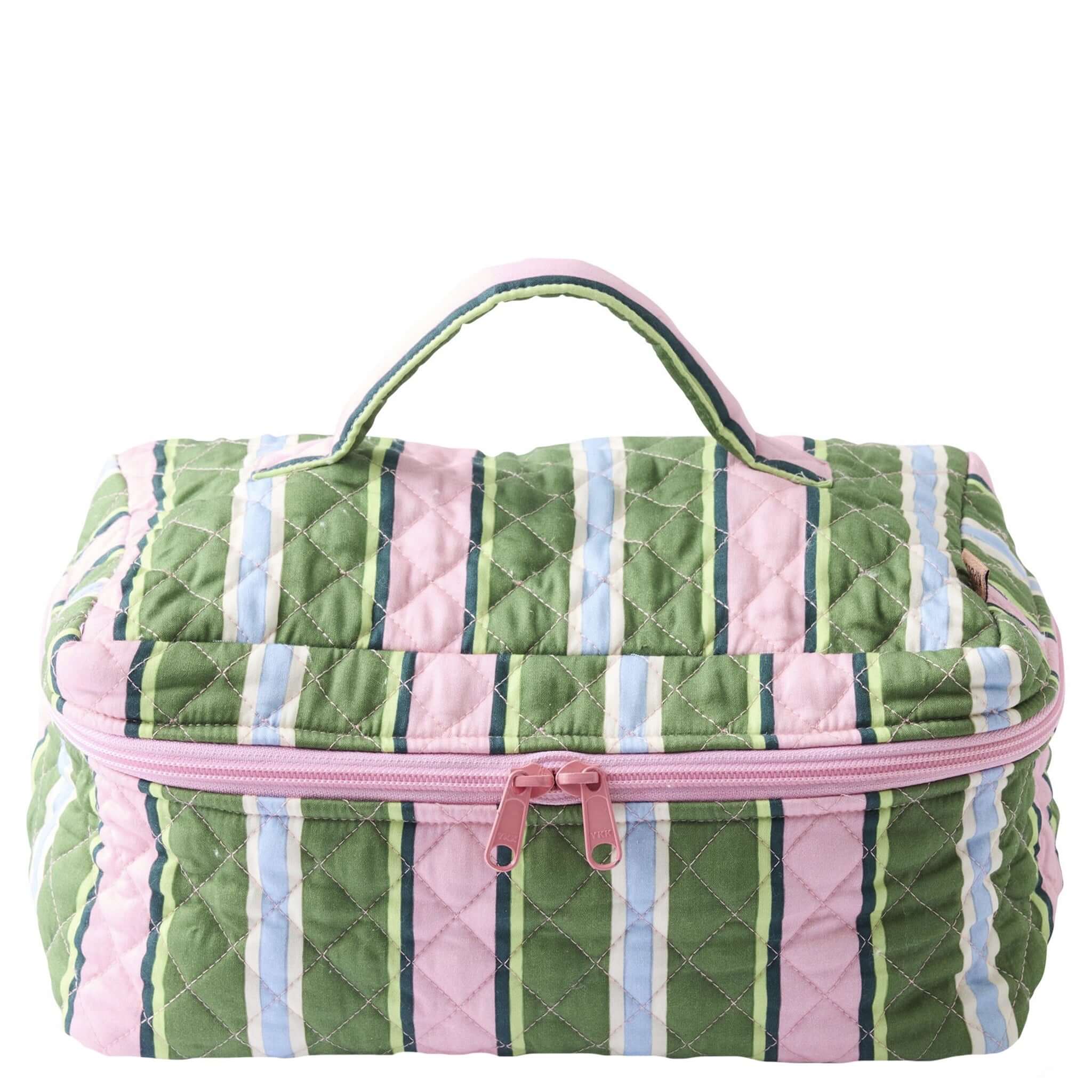 Alt Tag: Kip & Co Quilted Toiletry Case - Cactus Stripe quilted cotton zip toiletry bag with handle, green and pink striped design