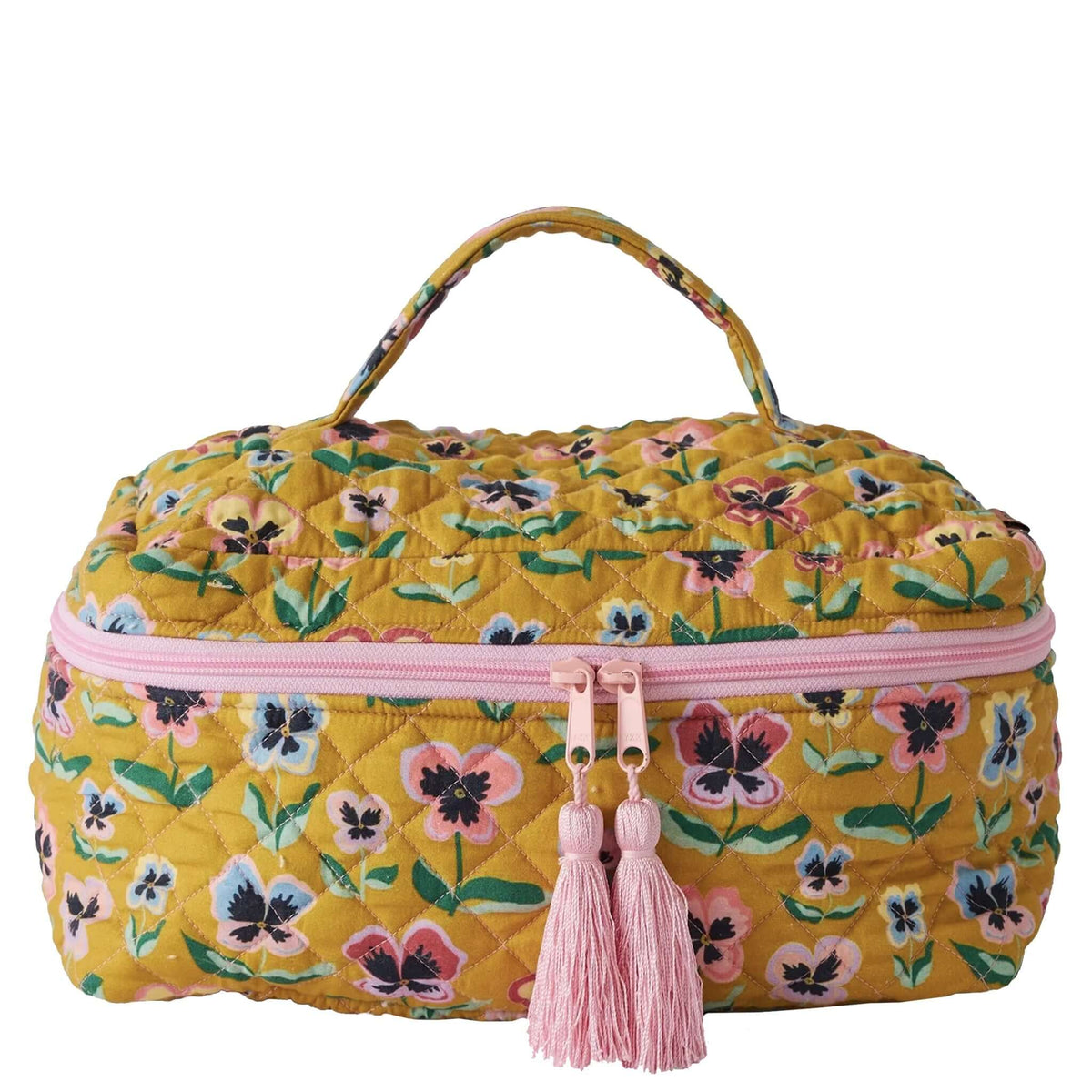 Kip & Co Quilted Toiletry Case - Pretty Pansy with pink tassel zips and a carry handle.