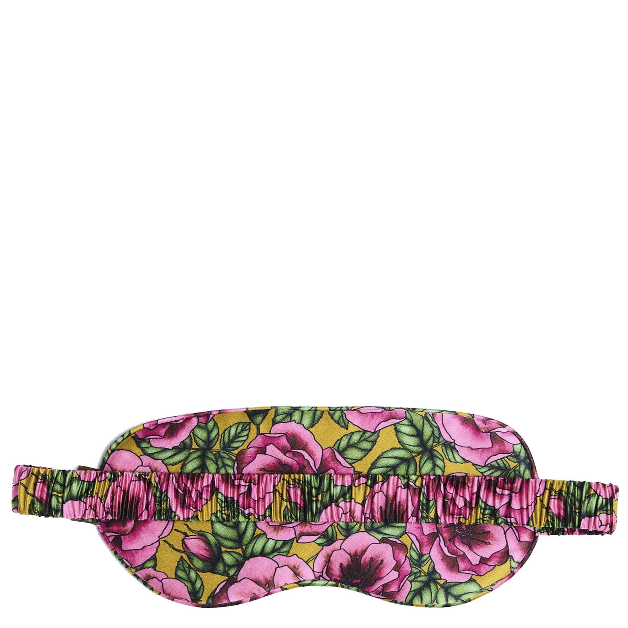 Alt Tag: Kip & Co Silk Eye Mask - Golden Peony mulberry silk sleep mask with pink peony floral print and elastic strap