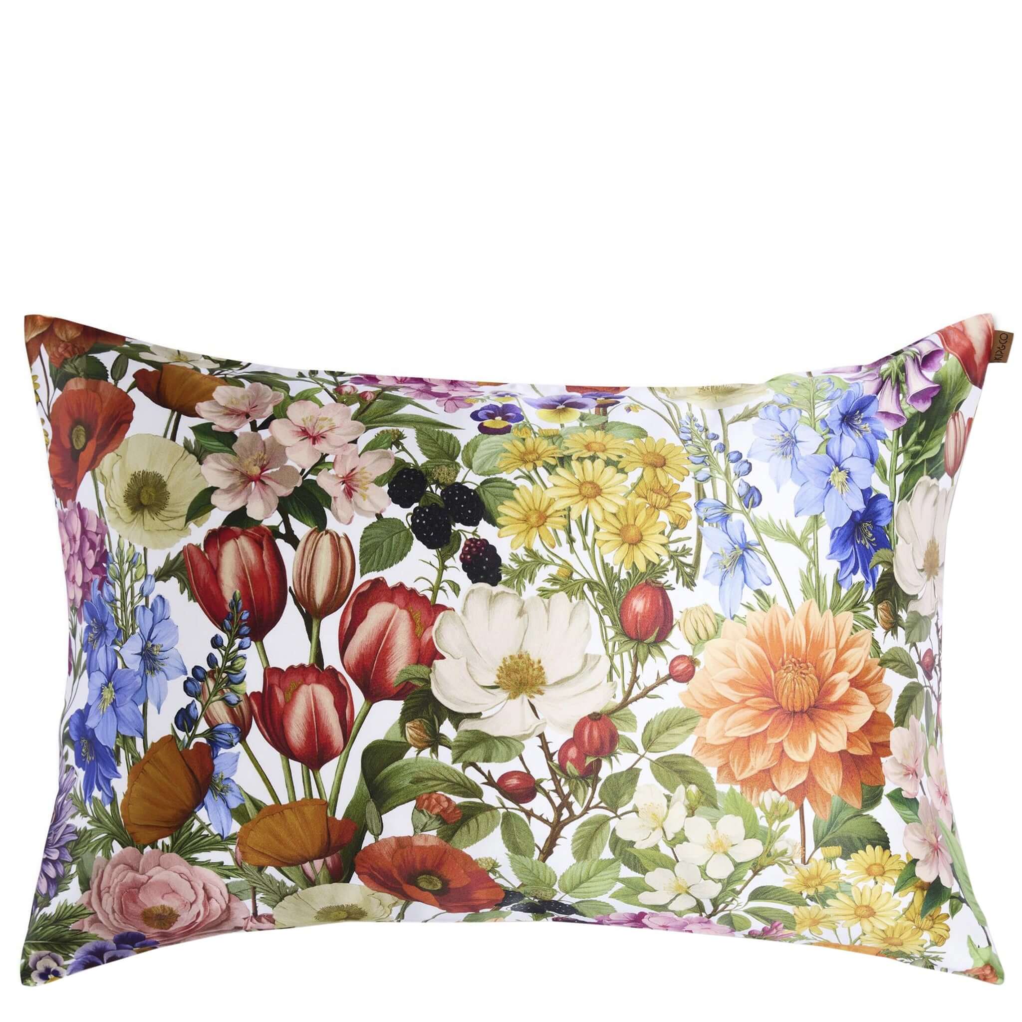 Alt Tag: Kip & Co Silk Pillowslip - Cottage Garden mulberry silk pillowcase with vibrant floral print for smooth hair and glowing skin