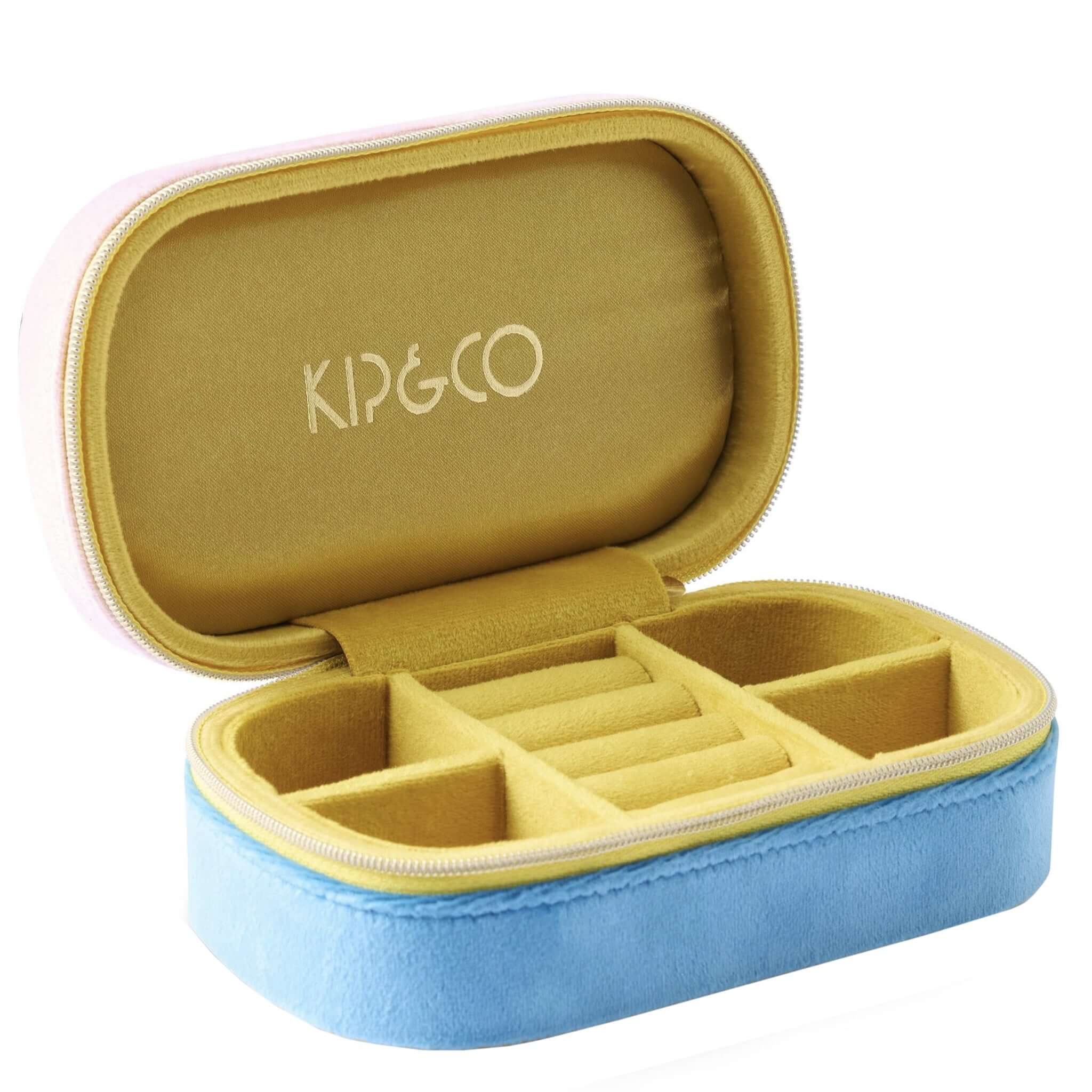Alt Tag: Kip & Co Travel Velvet Jewellery Box - Precious open blue velvet travel case with compartments for rings, earrings and treasures