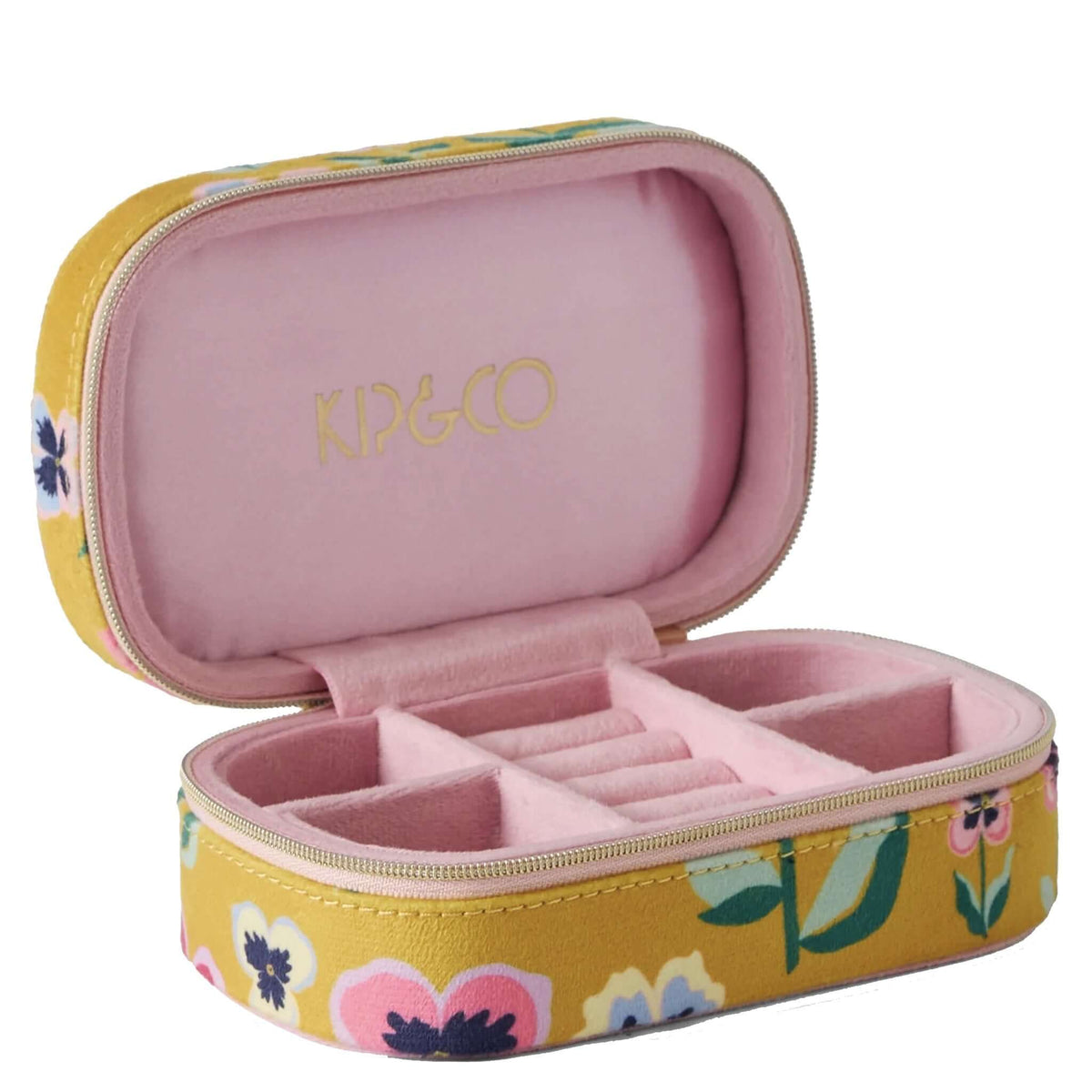 Kip & Co Travel Velvet Jewellery Box - Pretty Pansy interior view with compartments for rings and earrings.