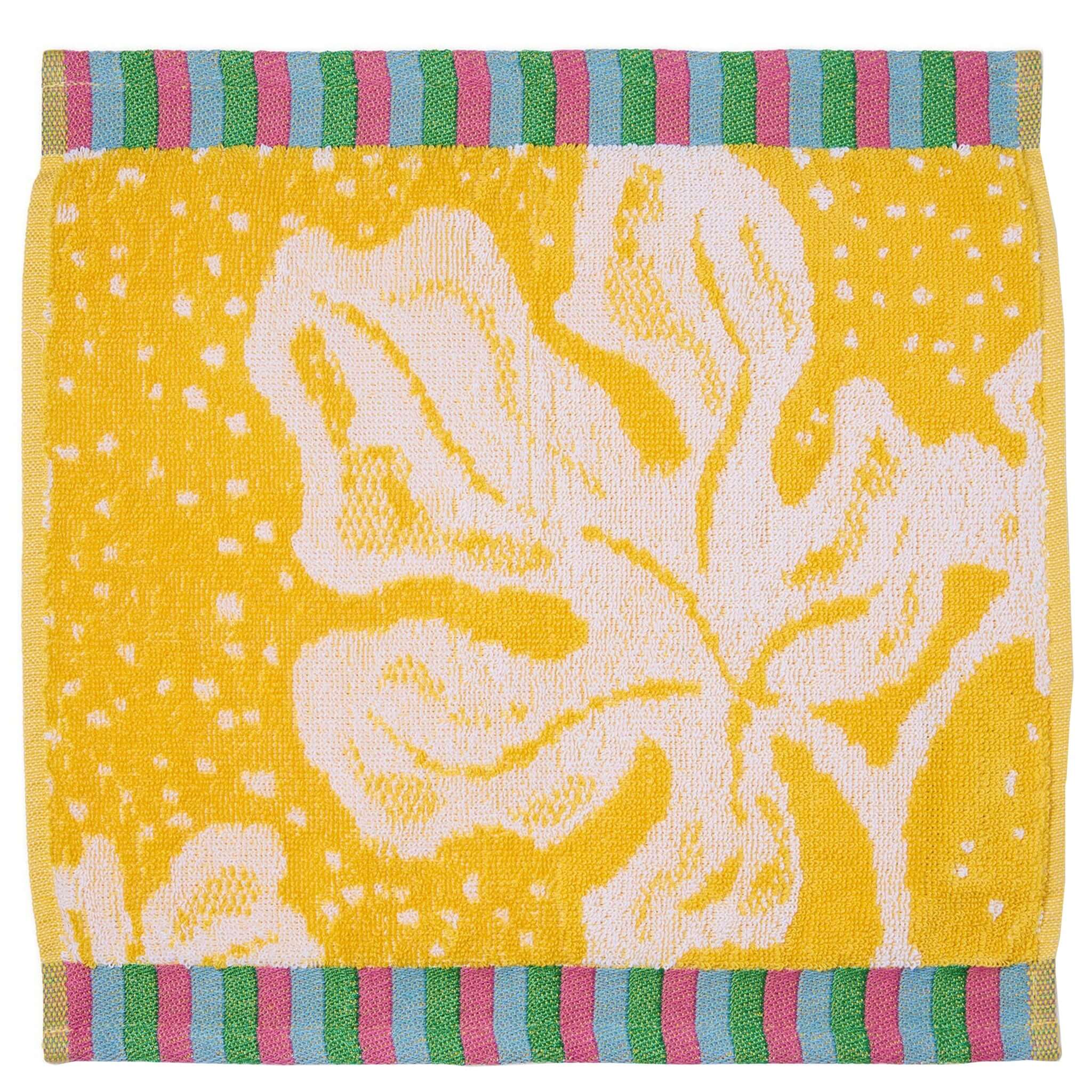 Kip & Co x Anna Spiro Elsternwig Fig Terry Face Washer in vibrant yellow with floral design and colorful striped border.