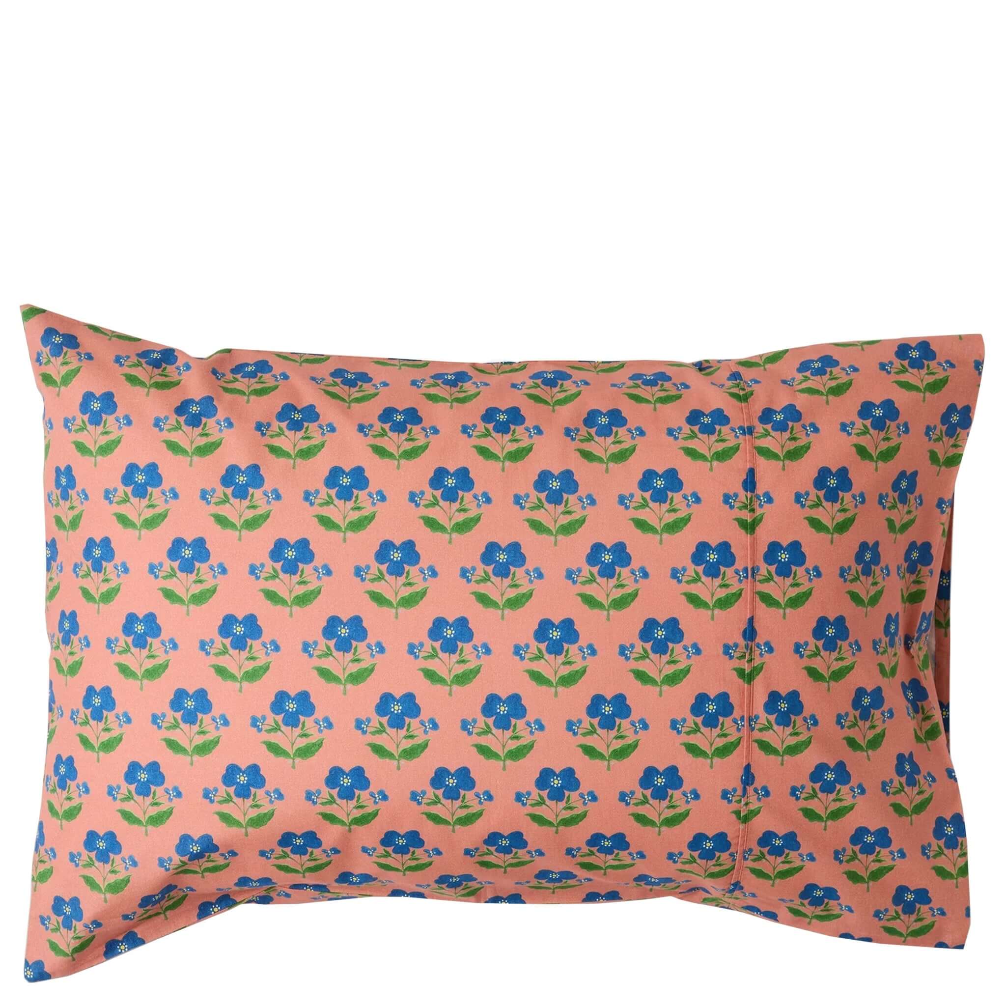 Kip & Co x Anna Spiro Organic Cotton Pillowslip Set - Indian Summer Rose on a pink background with blue floral design.