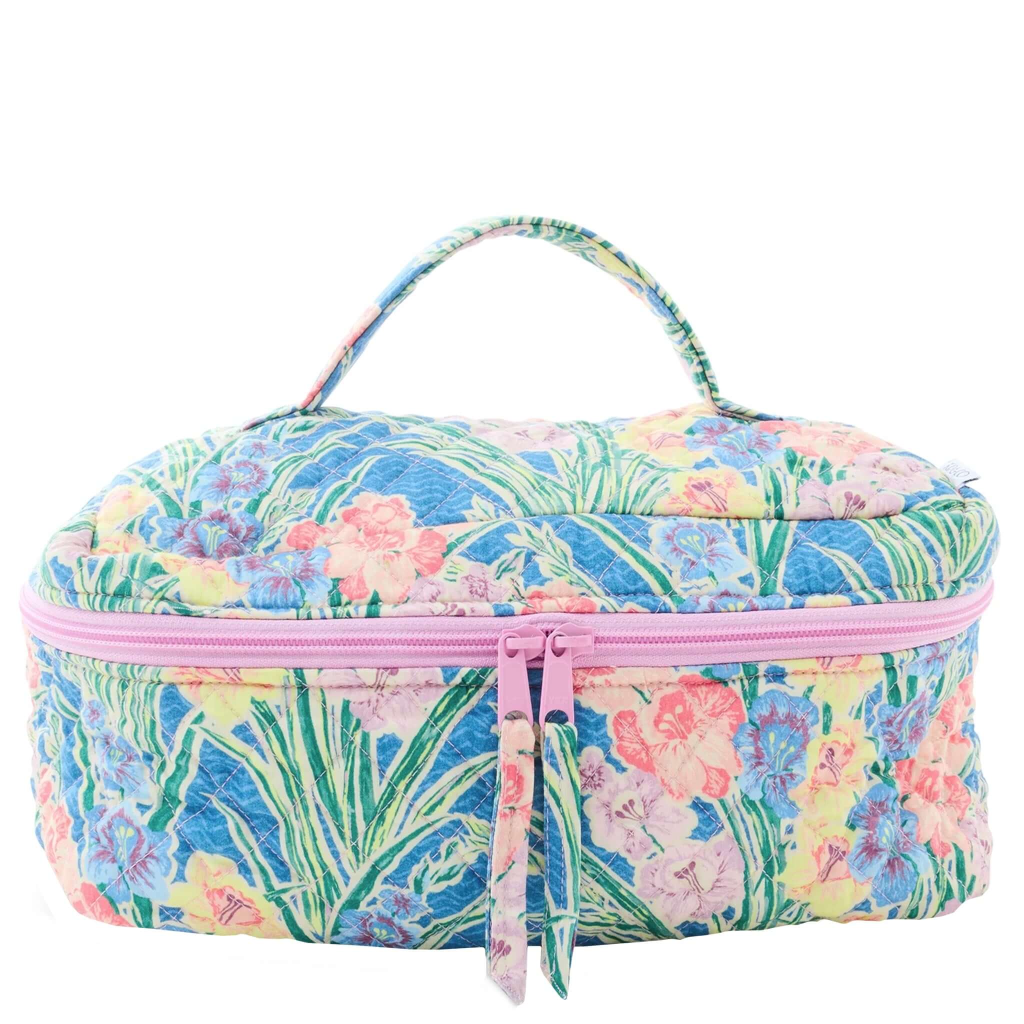 Kip & Co x Anna Spiro Quilted Toiletry Case - Gladiolus in floral print with handle and dual-zip closure.