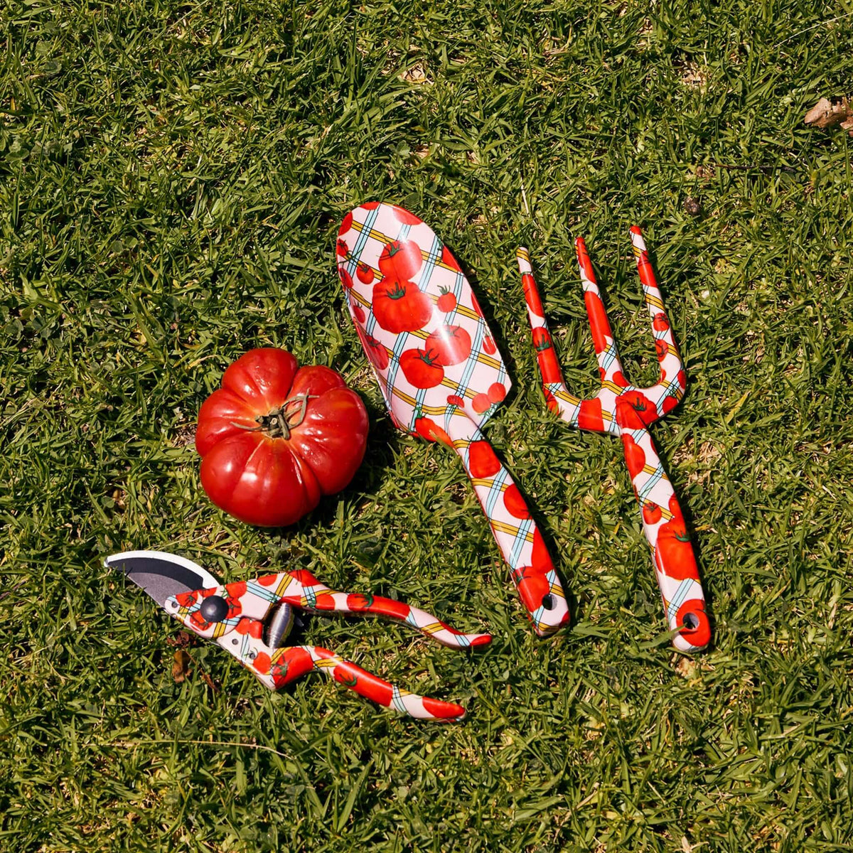 Kip & Co Garden Tools & Gloves Set - Pomodori featuring three colorful hand tools and a ripe tomato on grass.