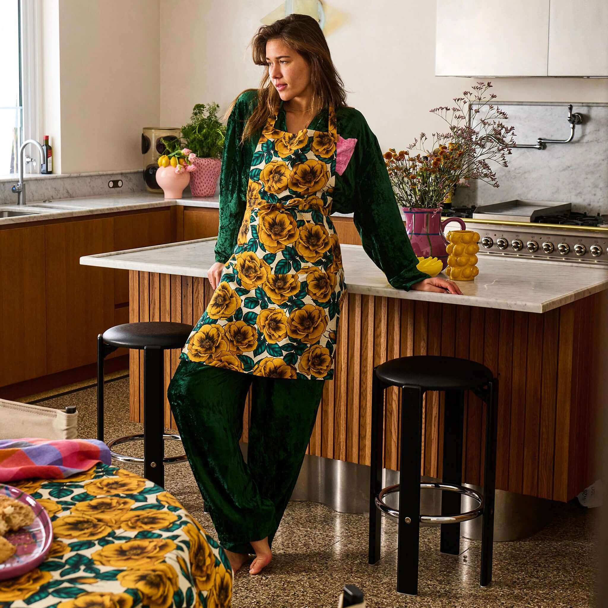 Alt Tag: Kip & Co Linen Apron - Golden Peony linen cotton blend apron with golden peonies and blue leaves, tie straps and front pocket