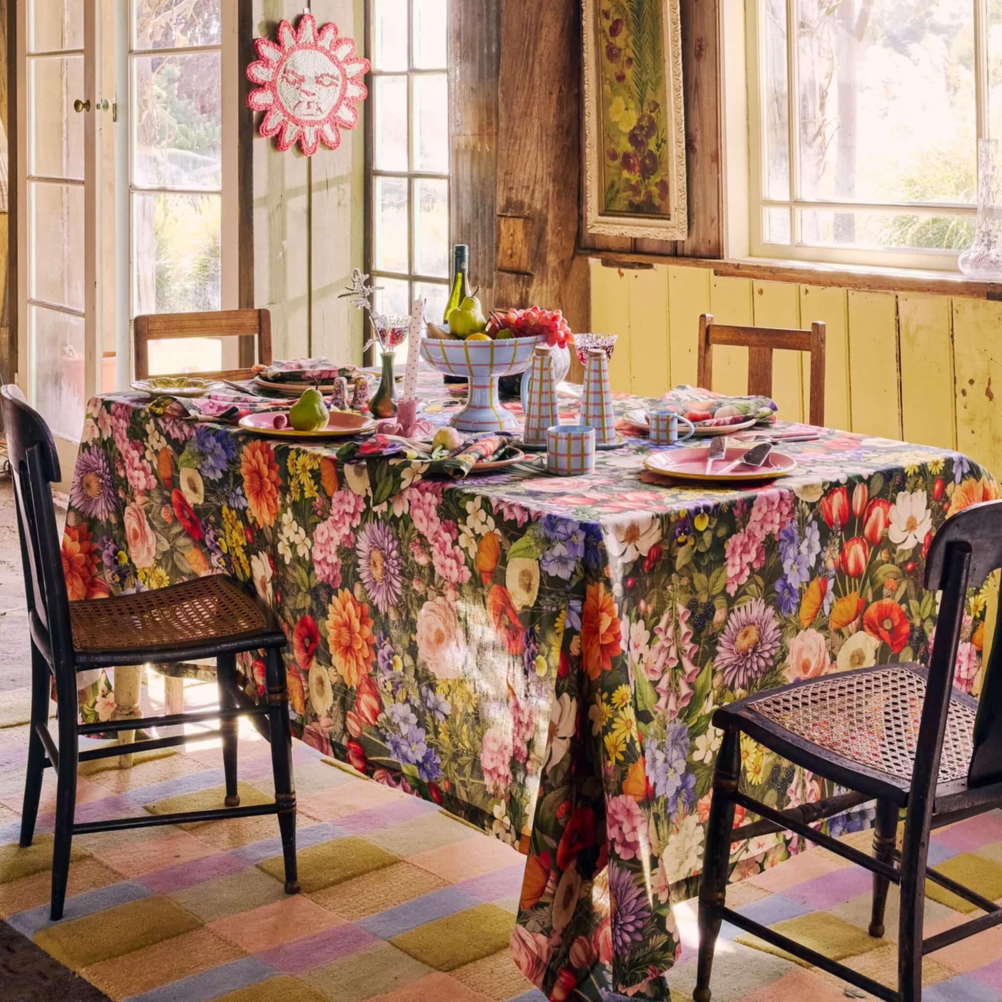 Alt Tag: Kip & Co Linen & Cotton Tablecloth - Cottage Garden Eden floral linen cotton tablecloth on dining table, cottage garden print