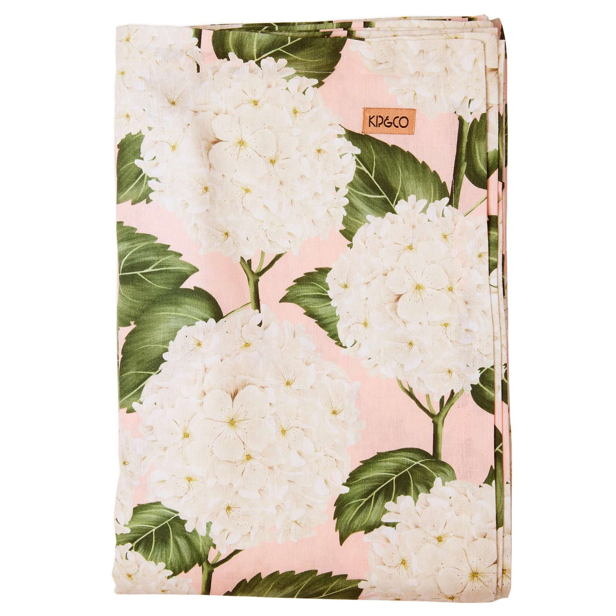 Kip & Co Linen & Cotton Tablecloth - Hydrangea Pink with white hydrangeas on a blush background.