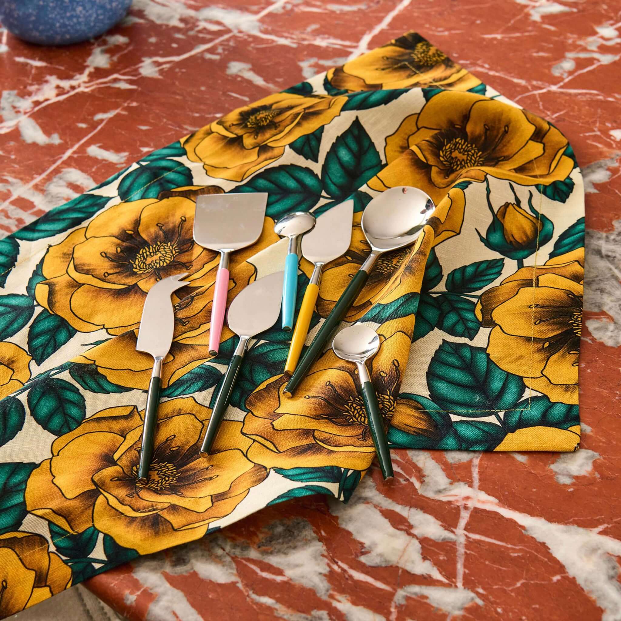 Alt Tag: Kip & Co Linen & Cotton Napkin Set - Golden Peony floral linen cotton napkins in golden peony print on table with cutlery