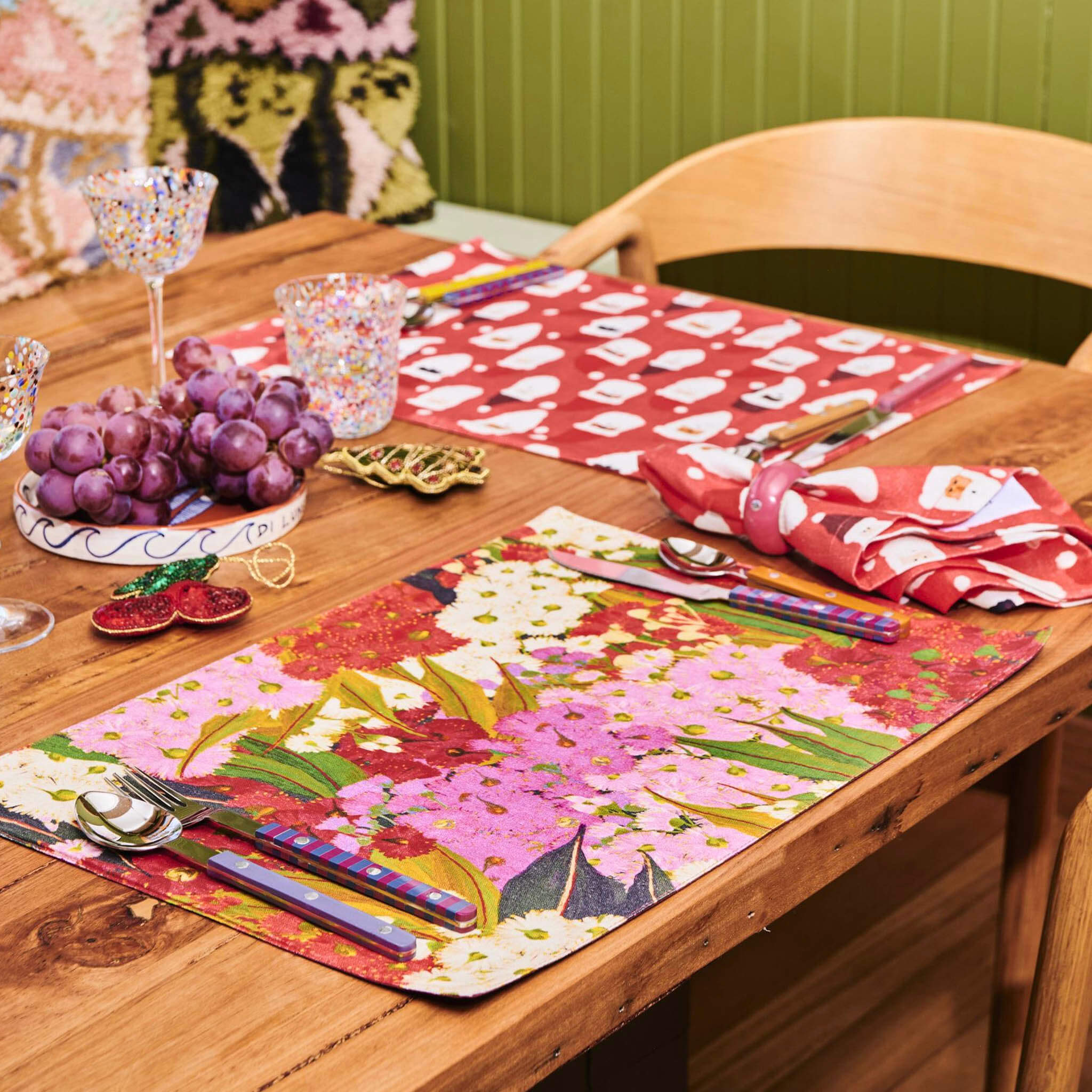 Alt Tag: Kip & Co Linen Placemat Set - Bush Blossom printed linen placemats set of 4 with pink red blossom leaves on table setting