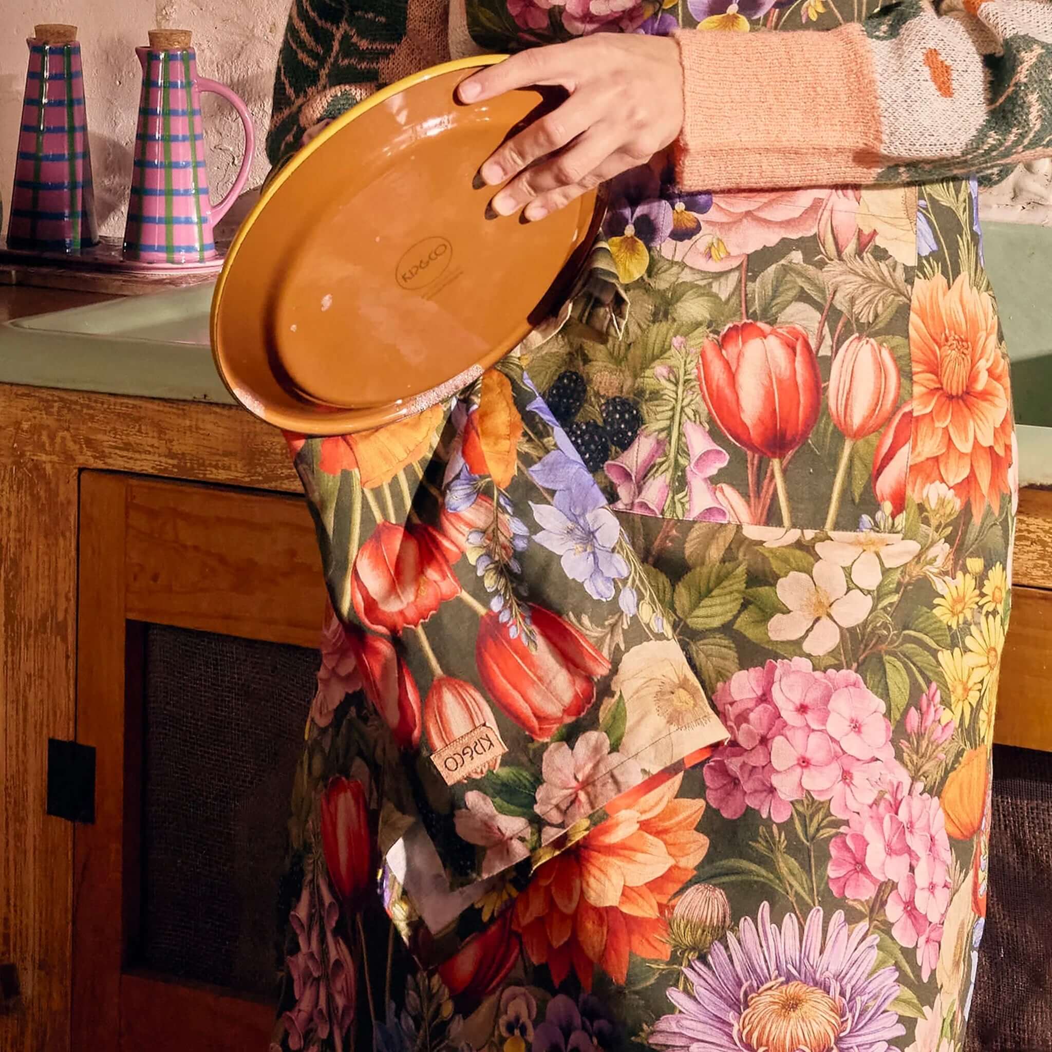 Alt Tag: Kip & Co Linen Tea Towel - Cottage Garden Eden floral linen tea towel in cottage kitchen, vibrant garden print, durable French flax linen