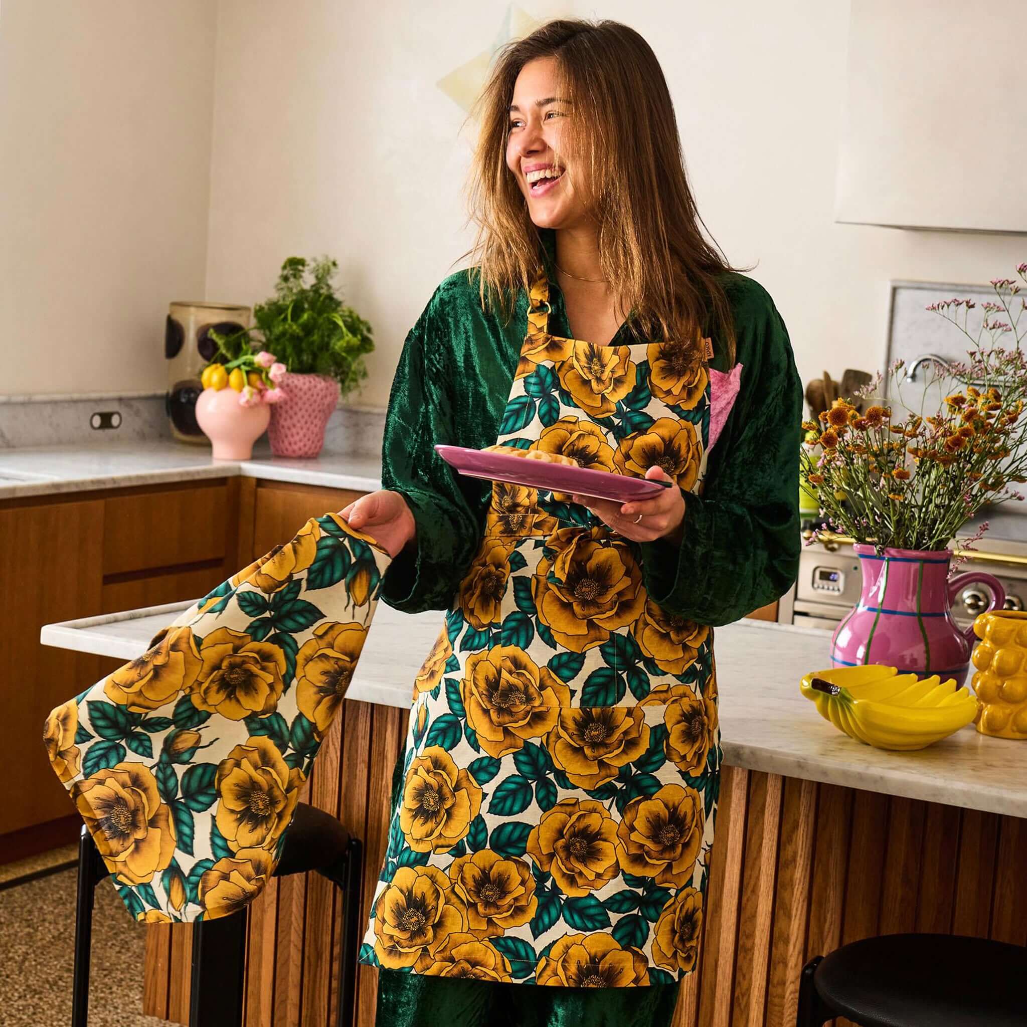 Kip & Co Linen Tea Towel - Golden Peony and matching apron with golden peony print in bright kitchen styling