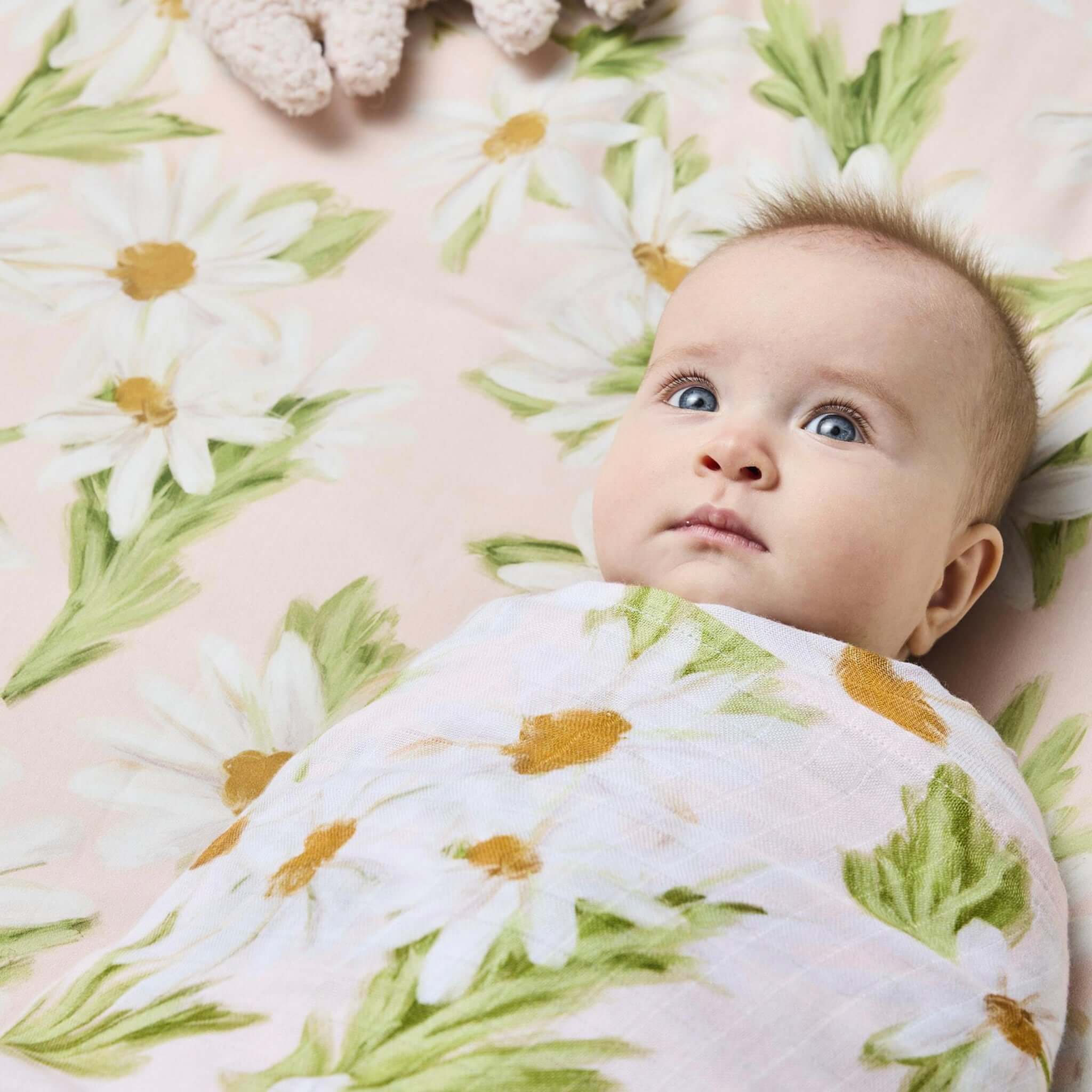 Alt Tag: Kip & Co Organic Cotton Baby Fitted Cot Sheet - Sweet Daisy pastel daisy floral print organic cotton cot bedding