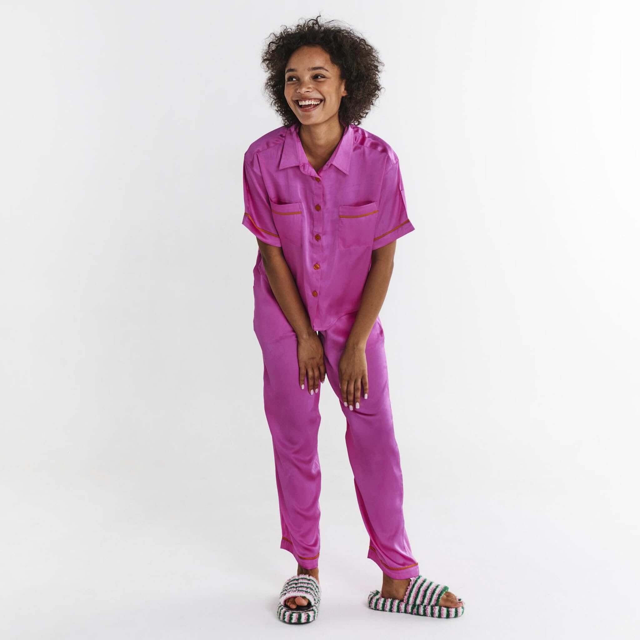 Alt Tag: Kip & Co Satin Short Sleeve Shirt & Pants Pyjama Set - Flirty hot pink satin short sleeve shirt and pants with rust buttons