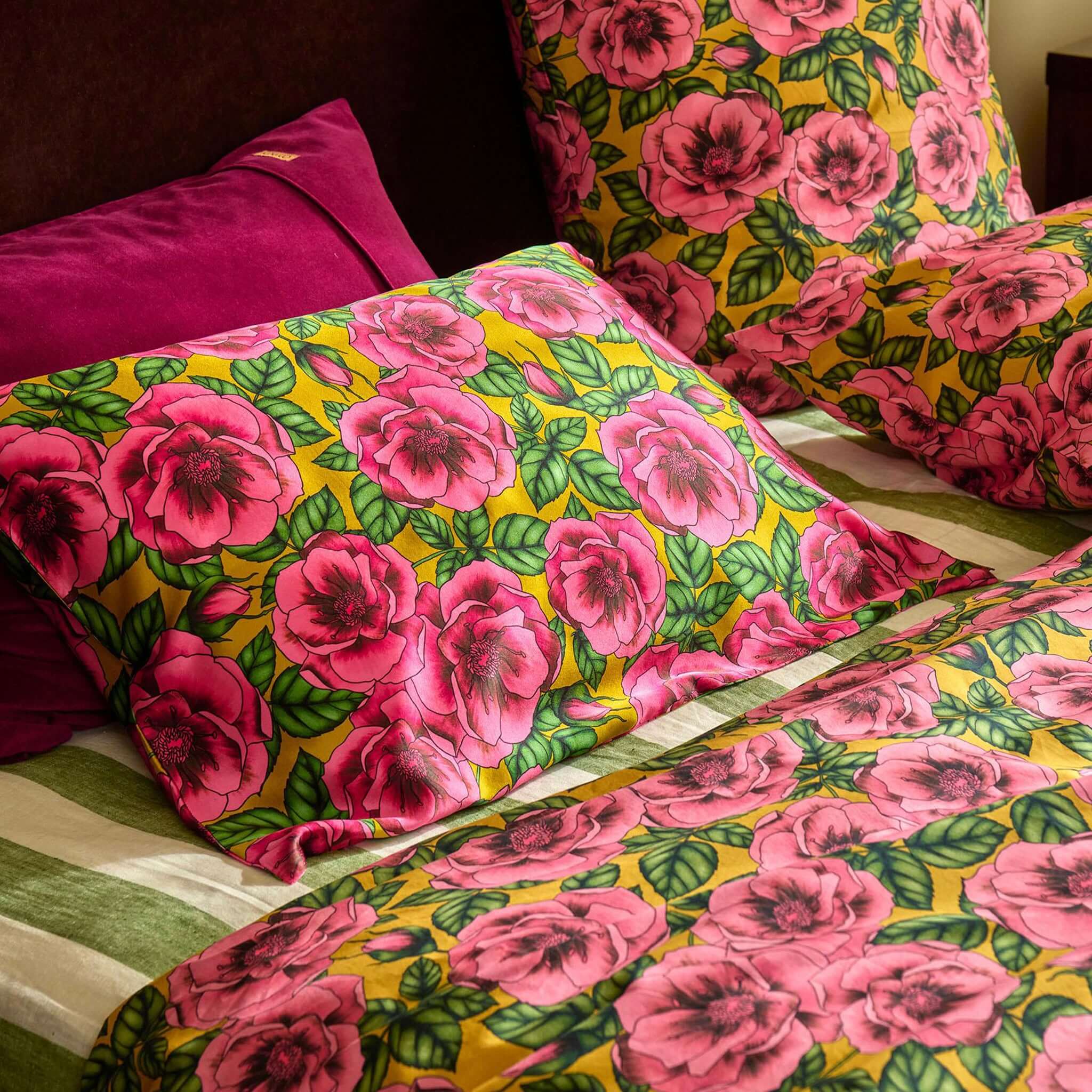 Alt Tag: Kip & Co Silk Pillowslip - Golden Peony mulberry silk pillowcase with pink peony floral print for smooth hair and skin