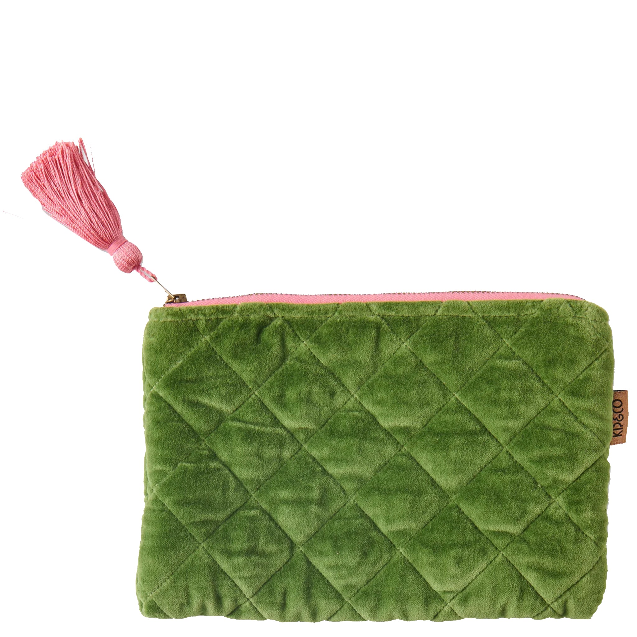 Green quilted pouch with a pink tassel on a white background